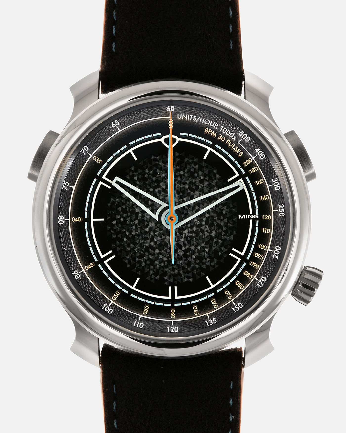 Brand: MING
Year: 2022
Model: 20.01 Series II ‘Special Projects Cave’, Limited to 50 pieces
Material: Grade 5 Titanium Case, DLC-Coated Case Band, Grade 2 Titanium Dial Base
Movement: Agenhor for MING Agengraphe Cal. 6361.M1, Manual-Winding
Case Dimensions: 41.5mm x 14.2mm (Lug-to-Lug 46mm)
Lug Width: 22mm
Strap: Jean Rousseau Black Alcantara for MING with Signed DLC-Coated Grade 5 Titanium Keeperless Flying Blade Buckle