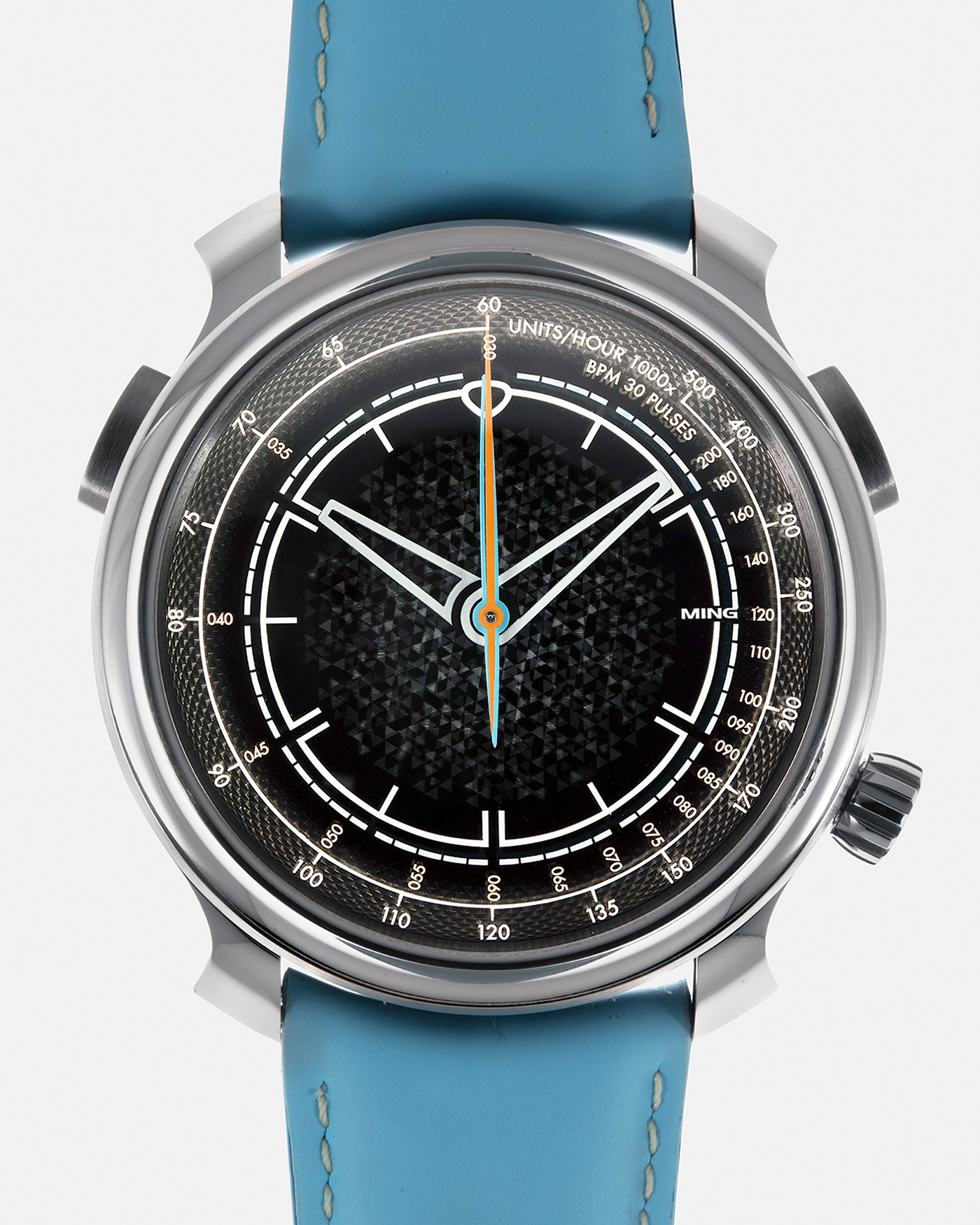 Brand: MING
Year: 2023
Model: 20.01 Series II ‘Special Projects Cave’, Limited to 50 pieces
Material: Grade 5 Titanium Case, DLC-Coated Case Band, Grade 2 Titanium Dial Base
Movement: Agenhor for MING Agengraphe Cal. 6361.M1, Manual-Winding
Case Dimensions: 41.5mm x 14.2mm (Lug-to-Lug 46mm)
Lug Width: 22mm
Strap: Jean Rousseau Sky Blue Calf Leather Strap for MING with Signed Grade 5 Titanium Keeperless Flying Blade Buckle