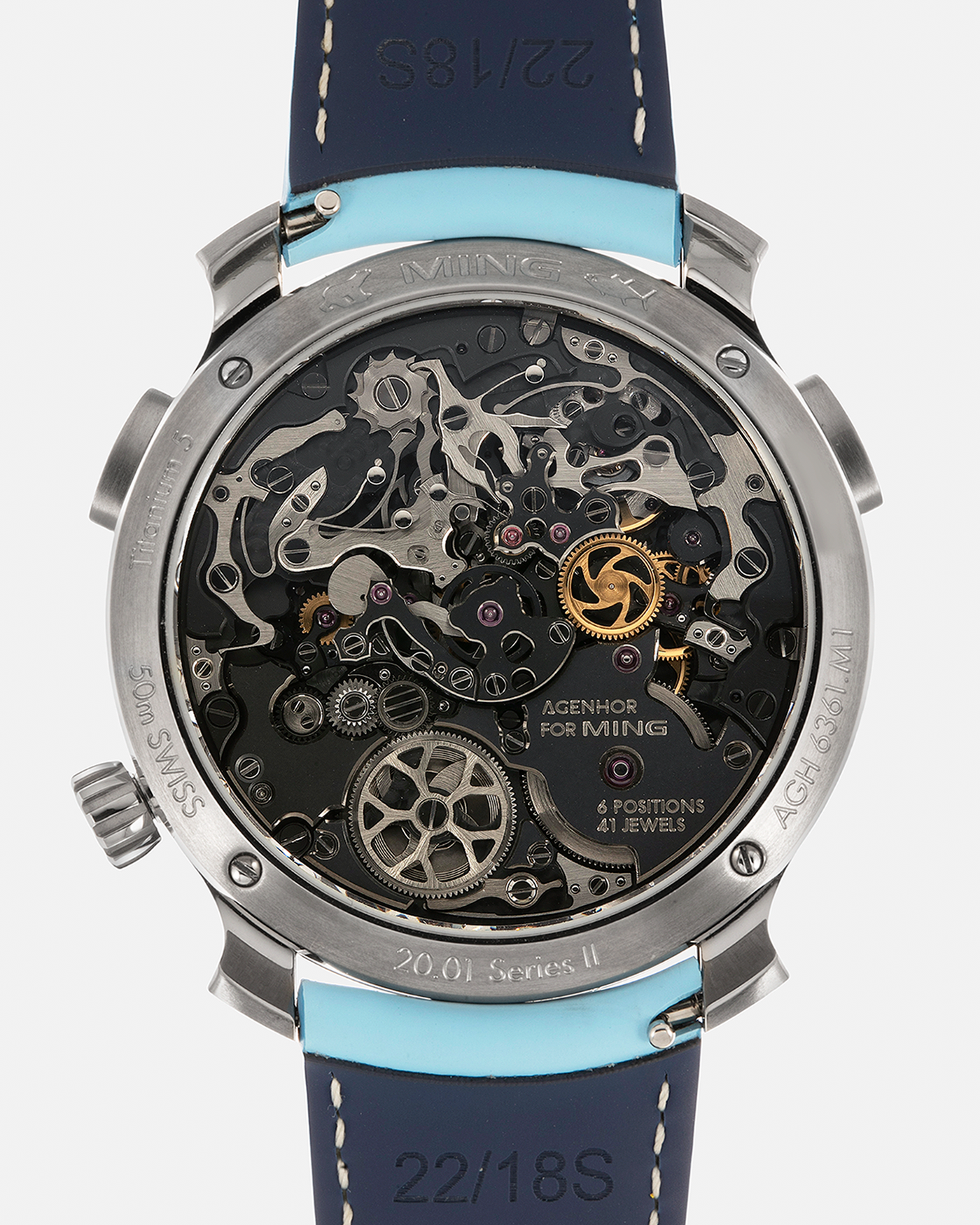 Brand: MING
Year: 2023
Model: 20.01 Series II ‘Special Projects Cave’, Limited to 50 pieces
Material: Grade 5 Titanium Case, DLC-Coated Case Band, Grade 2 Titanium Dial Base
Movement: Agenhor for MING Agengraphe Cal. 6361.M1, Manual-Winding
Case Dimensions: 41.5mm x 14.2mm (Lug-to-Lug 46mm)
Lug Width: 22mm
Strap: Jean Rousseau Sky Blue Calf Leather Strap for MING with Signed Grade 5 Titanium Keeperless Flying Blade Buckle