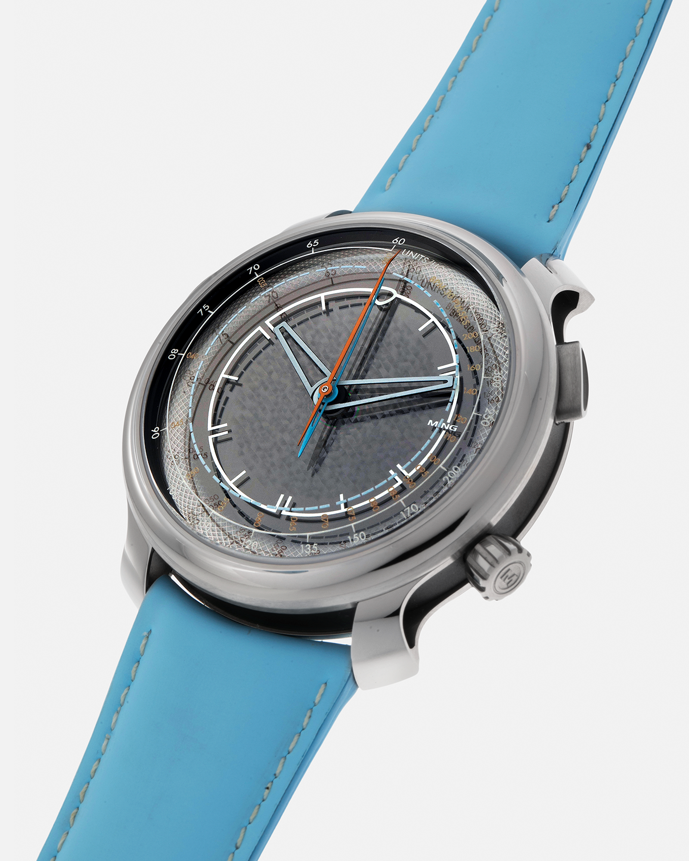Brand: MING
Year: 2023
Model: 20.01 Series II ‘Special Projects Cave’, Limited to 50 pieces
Material: Grade 5 Titanium Case, DLC-Coated Case Band, Grade 2 Titanium Dial Base
Movement: Agenhor for MING Agengraphe Cal. 6361.M1, Manual-Winding
Case Dimensions: 41.5mm x 14.2mm (Lug-to-Lug 46mm)
Lug Width: 22mm
Strap: Jean Rousseau Sky Blue Calf Leather Strap for MING with Signed Grade 5 Titanium Keeperless Flying Blade Buckle