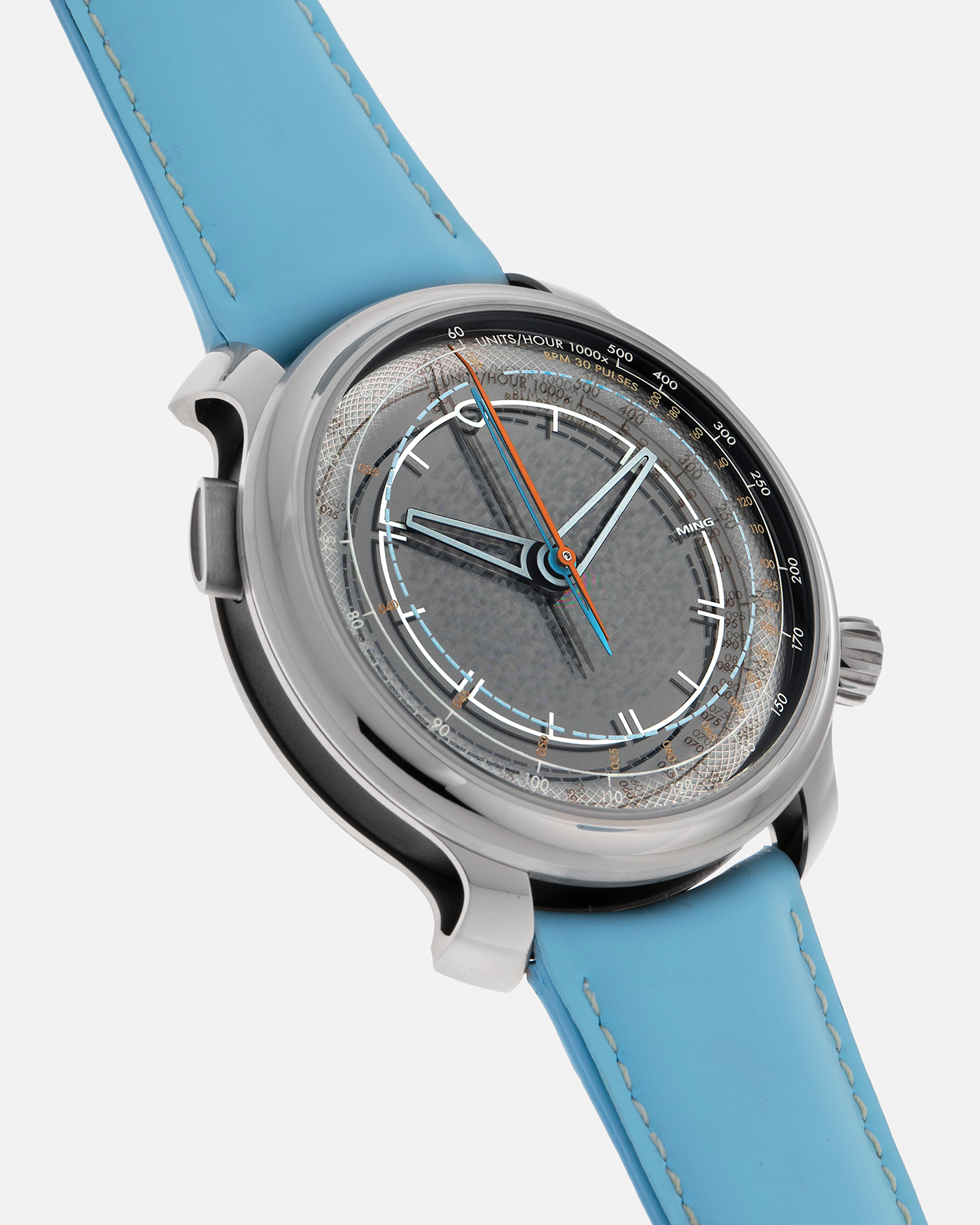 Brand: MING
Year: 2023
Model: 20.01 Series II ‘Special Projects Cave’, Limited to 50 pieces
Material: Grade 5 Titanium Case, DLC-Coated Case Band, Grade 2 Titanium Dial Base
Movement: Agenhor for MING Agengraphe Cal. 6361.M1, Manual-Winding
Case Dimensions: 41.5mm x 14.2mm (Lug-to-Lug 46mm)
Lug Width: 22mm
Strap: Jean Rousseau Sky Blue Calf Leather Strap for MING with Signed Grade 5 Titanium Keeperless Flying Blade Buckle
