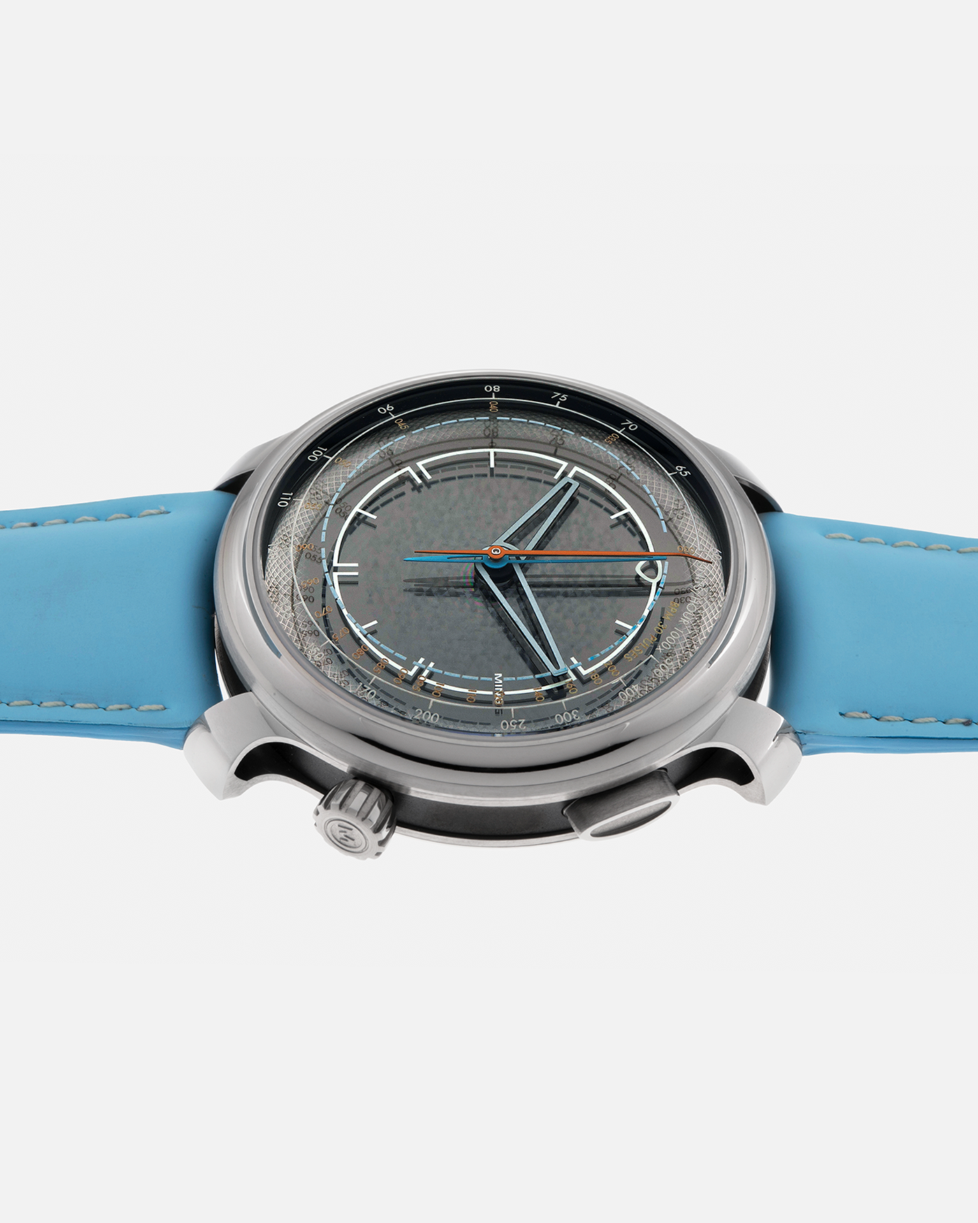 Brand: MING
Year: 2023
Model: 20.01 Series II ‘Special Projects Cave’, Limited to 50 pieces
Material: Grade 5 Titanium Case, DLC-Coated Case Band, Grade 2 Titanium Dial Base
Movement: Agenhor for MING Agengraphe Cal. 6361.M1, Manual-Winding
Case Dimensions: 41.5mm x 14.2mm (Lug-to-Lug 46mm)
Lug Width: 22mm
Strap: Jean Rousseau Sky Blue Calf Leather Strap for MING with Signed Grade 5 Titanium Keeperless Flying Blade Buckle