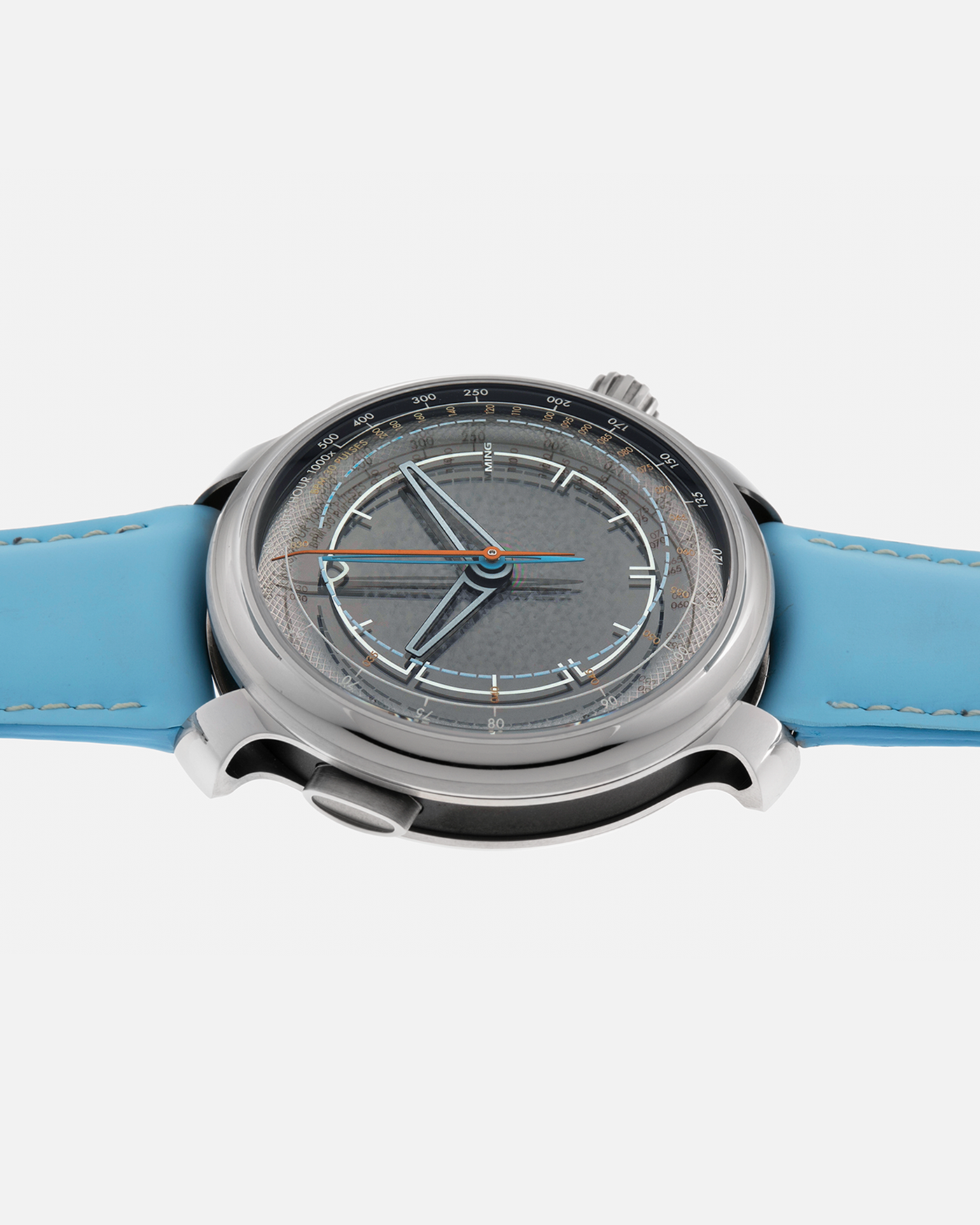 Brand: MING
Year: 2023
Model: 20.01 Series II ‘Special Projects Cave’, Limited to 50 pieces
Material: Grade 5 Titanium Case, DLC-Coated Case Band, Grade 2 Titanium Dial Base
Movement: Agenhor for MING Agengraphe Cal. 6361.M1, Manual-Winding
Case Dimensions: 41.5mm x 14.2mm (Lug-to-Lug 46mm)
Lug Width: 22mm
Strap: Jean Rousseau Sky Blue Calf Leather Strap for MING with Signed Grade 5 Titanium Keeperless Flying Blade Buckle