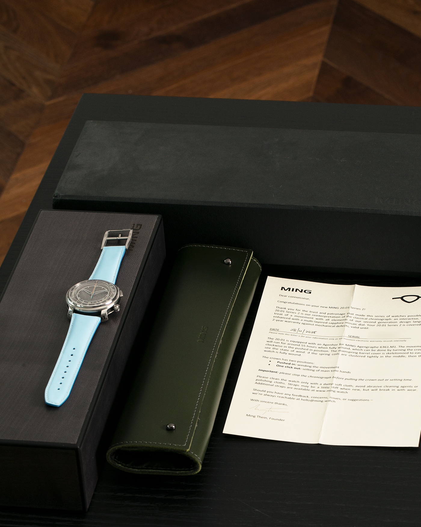 Brand: MING
Year: 2023
Model: 20.01 Series II ‘Special Projects Cave’, Limited to 50 pieces
Material: Grade 5 Titanium Case, DLC-Coated Case Band, Grade 2 Titanium Dial Base
Movement: Agenhor for MING Agengraphe Cal. 6361.M1, Manual-Winding
Case Dimensions: 41.5mm x 14.2mm (Lug-to-Lug 46mm)
Lug Width: 22mm
Strap: Jean Rousseau Sky Blue Calf Leather Strap for MING with Signed Grade 5 Titanium Keeperless Flying Blade Buckle