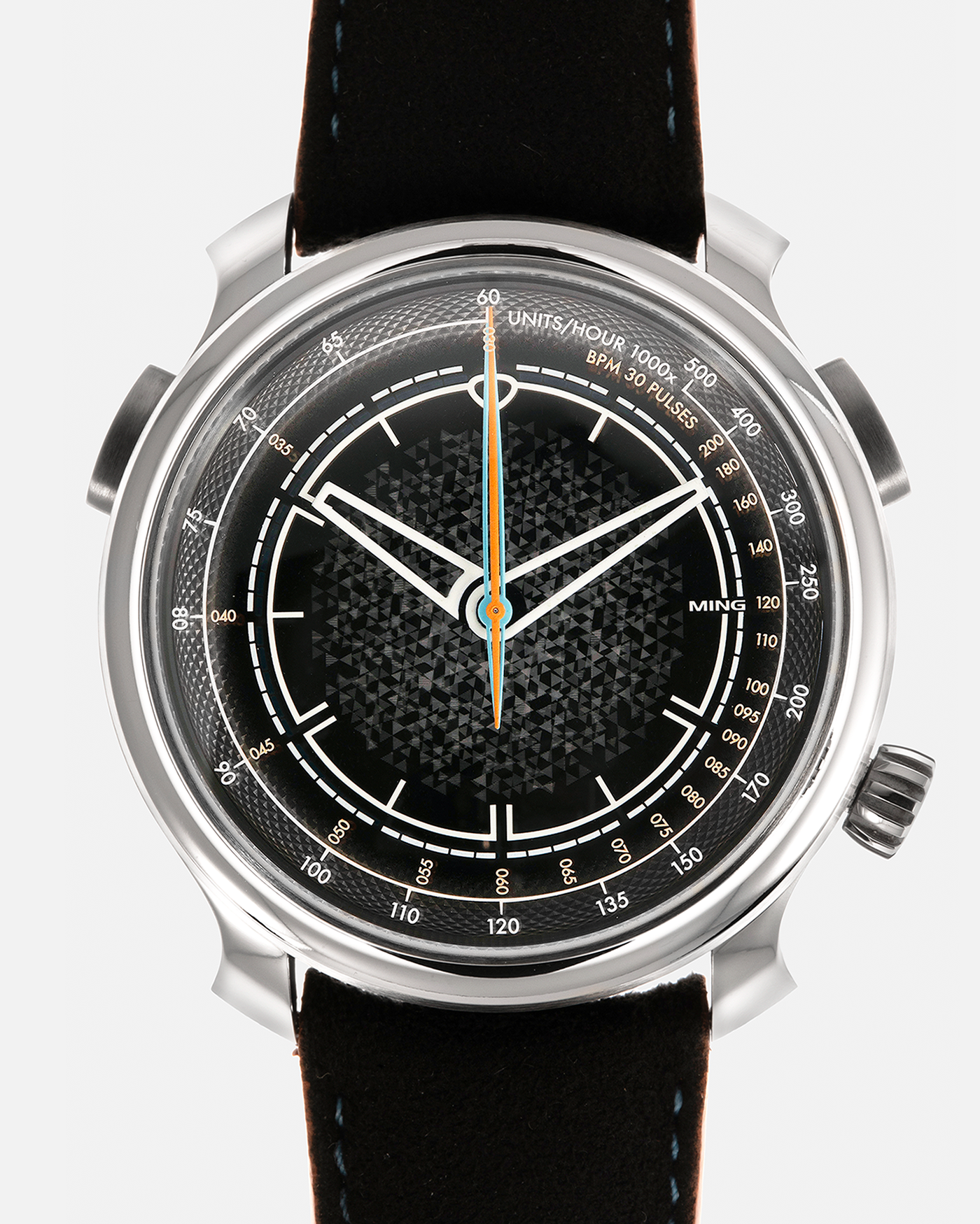 Brand: MING
Year: 2022
Model: 20.01 Series II ‘Special Projects Cave’, Limited to 50 pieces
Material: Grade 5 Titanium Case, DLC-Coated Case Band, Grade 2 Titanium Dial Base
Movement: Agenhor for MING Agengraphe Cal. 6361.M1, Manual-Winding
Case Dimensions: 41.5mm x 14.2mm (Lug-to-Lug 46mm)
Lug Width: 22mm
Strap: Jean Rousseau Black Suede Leather Strap with Orange Underlining for MING with Signed Grade 5 Titanium Keeperless Flying Blade Buckle