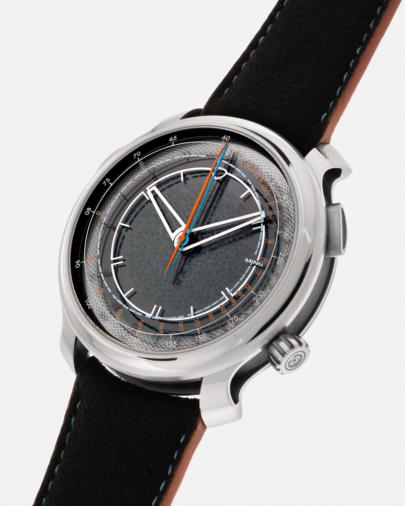 Brand: MING
Year: 2022
Model: 20.01 Series II ‘Special Projects Cave’, Limited to 50 pieces
Material: Grade 5 Titanium Case, DLC-Coated Case Band, Grade 2 Titanium Dial Base
Movement: Agenhor for MING Agengraphe Cal. 6361.M1, Manual-Winding
Case Dimensions: 41.5mm x 14.2mm (Lug-to-Lug 46mm)
Lug Width: 22mm
Strap: Jean Rousseau Black Suede Leather Strap with Orange Underlining for MING with Signed Grade 5 Titanium Keeperless Flying Blade Buckle