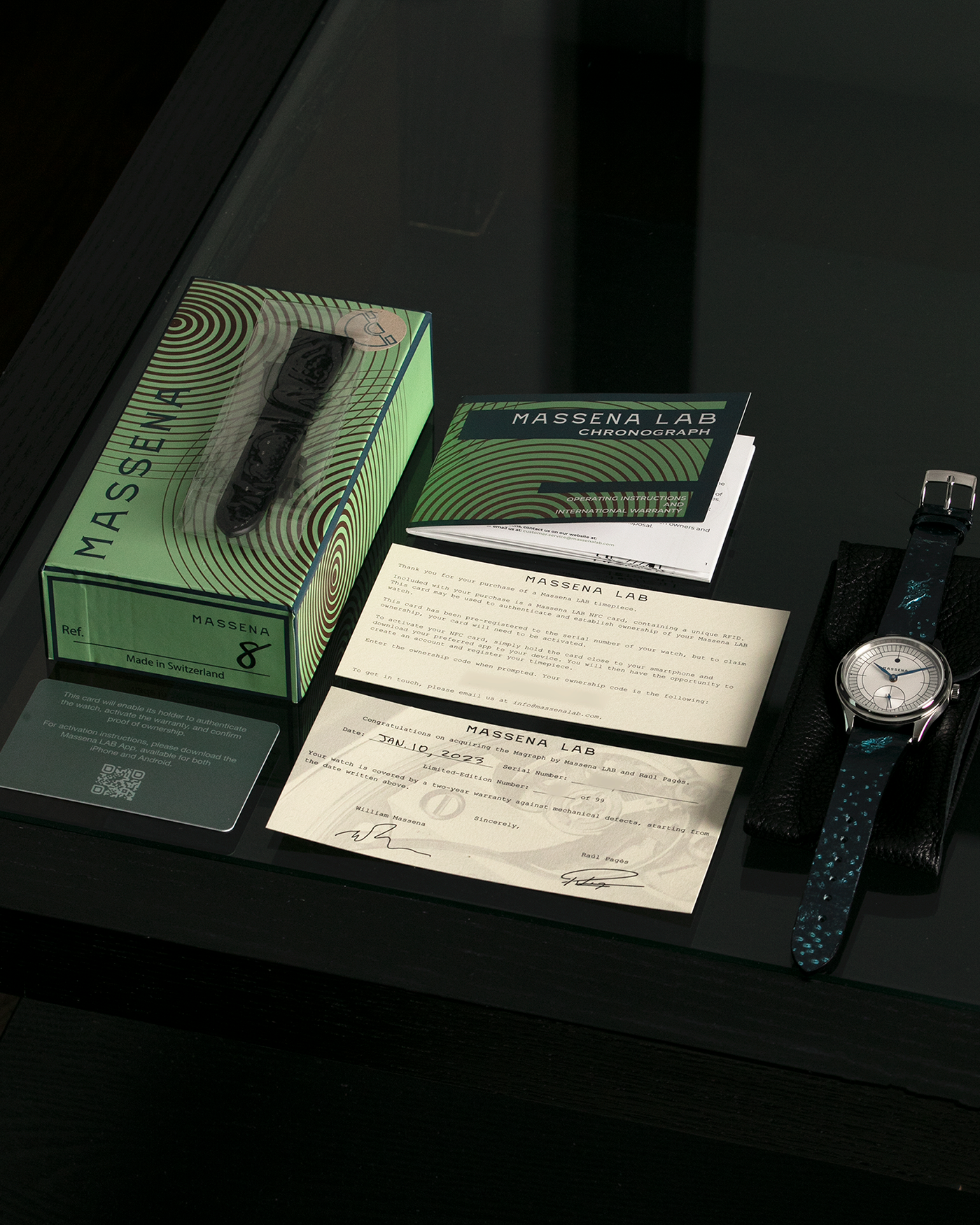 Brand: Massena LAB Year: 2023 Model: Massena LAB x Raúl Pagès Magraph, Limited Edition of 99 Pieces Material: Stainless Steel Movement: Massena LAB Cal. M660 Designed by Raúl Pagès, Manual-Winding Case Diameter: 38.5mm Lug Width: 20mm Strap: Jean Rosseau Paris Sustainable Sturgeon Skin Strap with Stainless Steel Tang Buckle, additional Black Textured Calf Leather Strap.