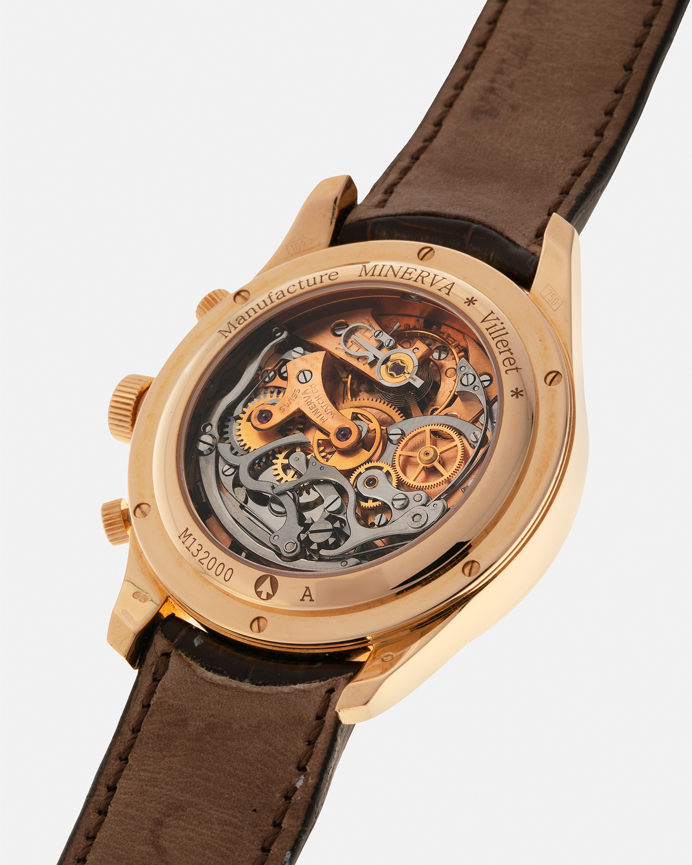 Brand: Minerva
Year: Early 2000s
Model: Chronograph ‘Salmon’
Reference Number: M132000
Material: 18-carat Rose Gold
Movement: Minerva Cal.13-20, Manual-Winding
Case Diameter: 40mm x 13mm (Lug-to-Lug 49mm)
Lug Width: 20mm
Strap: Minerva Dark Brown Alligator Leather Strap with Signed 18-carat Yellow Gold Tang Buckle