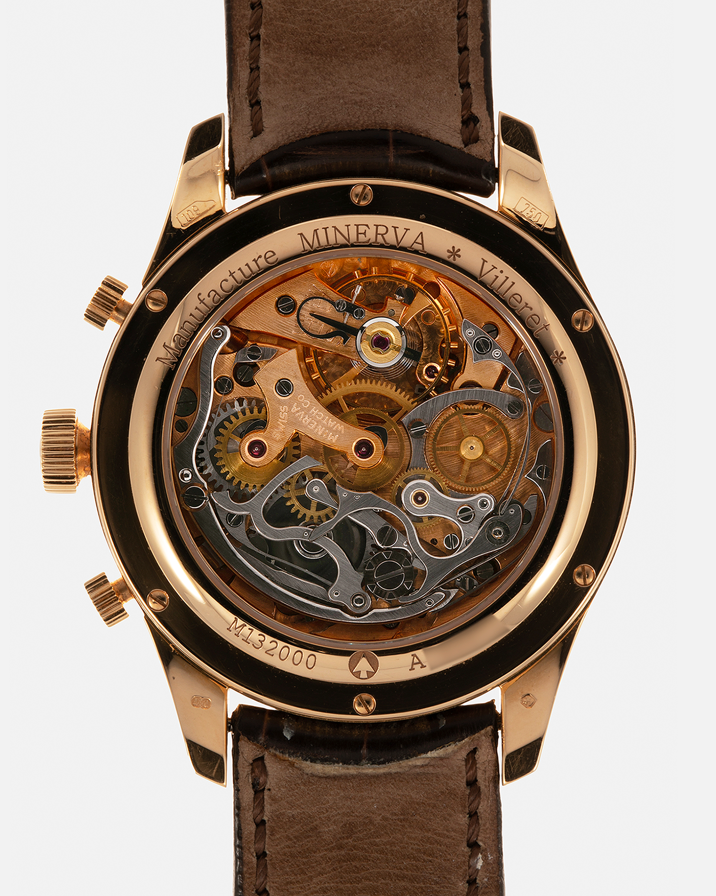 Brand: Minerva
Year: Early 2000s
Model: Chronograph ‘Salmon’
Reference Number: M132000
Material: 18-carat Rose Gold
Movement: Minerva Cal.13-20, Manual-Winding
Case Diameter: 40mm x 13mm (Lug-to-Lug 49mm)
Lug Width: 20mm
Strap: Minerva Dark Brown Alligator Leather Strap with Signed 18-carat Yellow Gold Tang Buckle