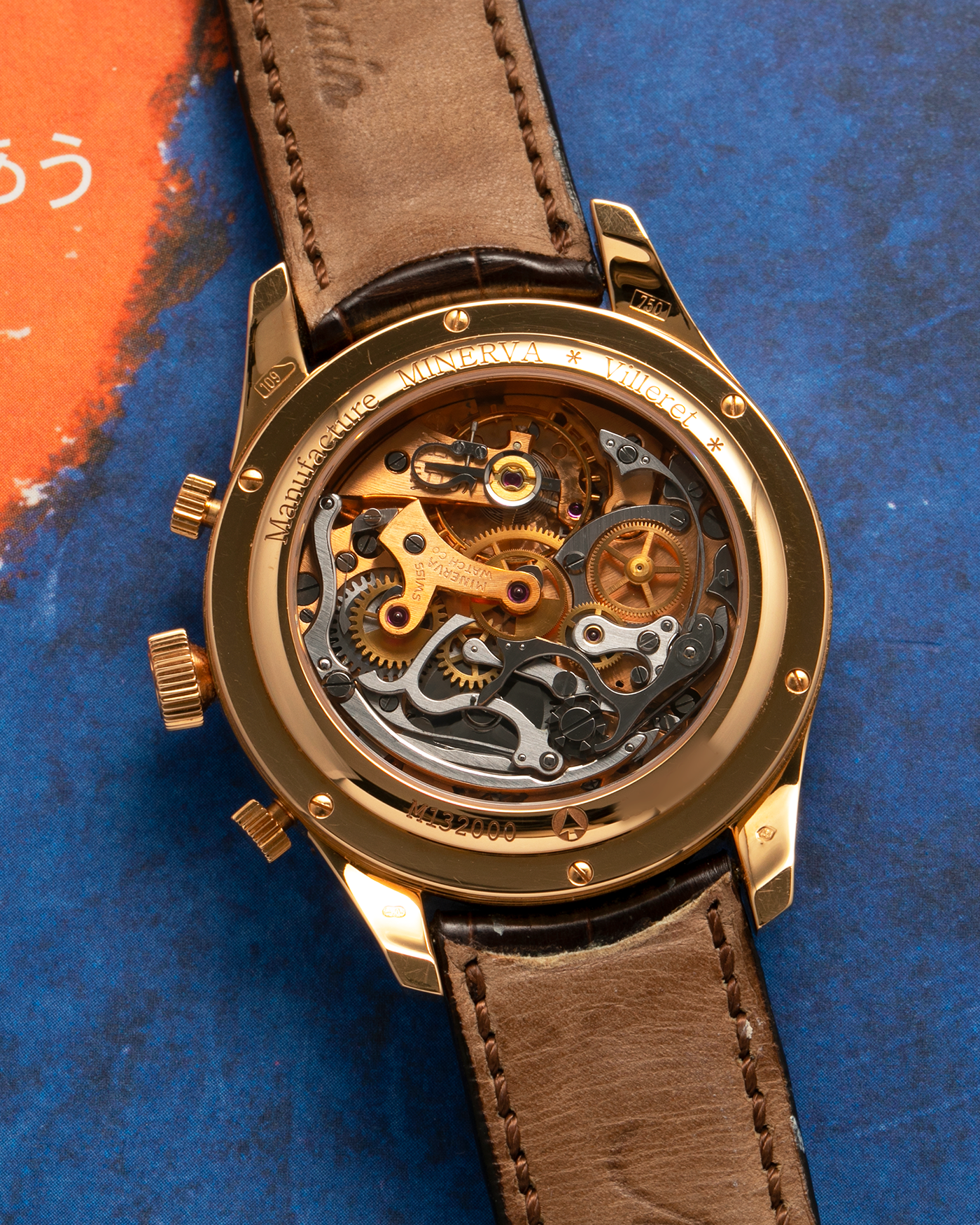 Brand: Minerva
Year: Early 2000s
Model: Chronograph ‘Salmon’
Reference Number: M132000
Material: 18-carat Rose Gold
Movement: Minerva Cal.13-20, Manual-Winding
Case Diameter: 40mm x 13mm (Lug-to-Lug 49mm)
Lug Width: 20mm
Strap: Minerva Dark Brown Alligator Leather Strap with Signed 18-carat Yellow Gold Tang Buckle