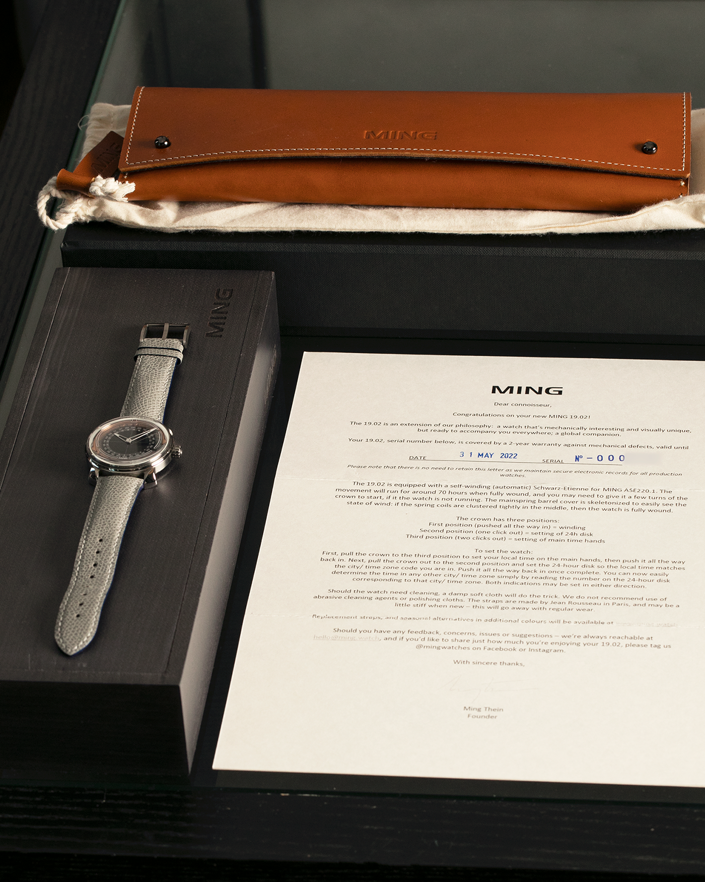 Brand: MING
Year: 2020
Model: 19.02 World Timer
Material: Grade 5 Titanium
Movement: Schwarz-Etienne for MING Cal. ASE 220.1, Manual-Winding
Case Dimensions: 39mm x 10.9mm (Lug-to-Lug 43.9mm)
Lug Width: 20mm
Strap: Jean Rousseau for MING Grey Calf Leather Strap with Signed Grade 5 Titanium Tang Buckle