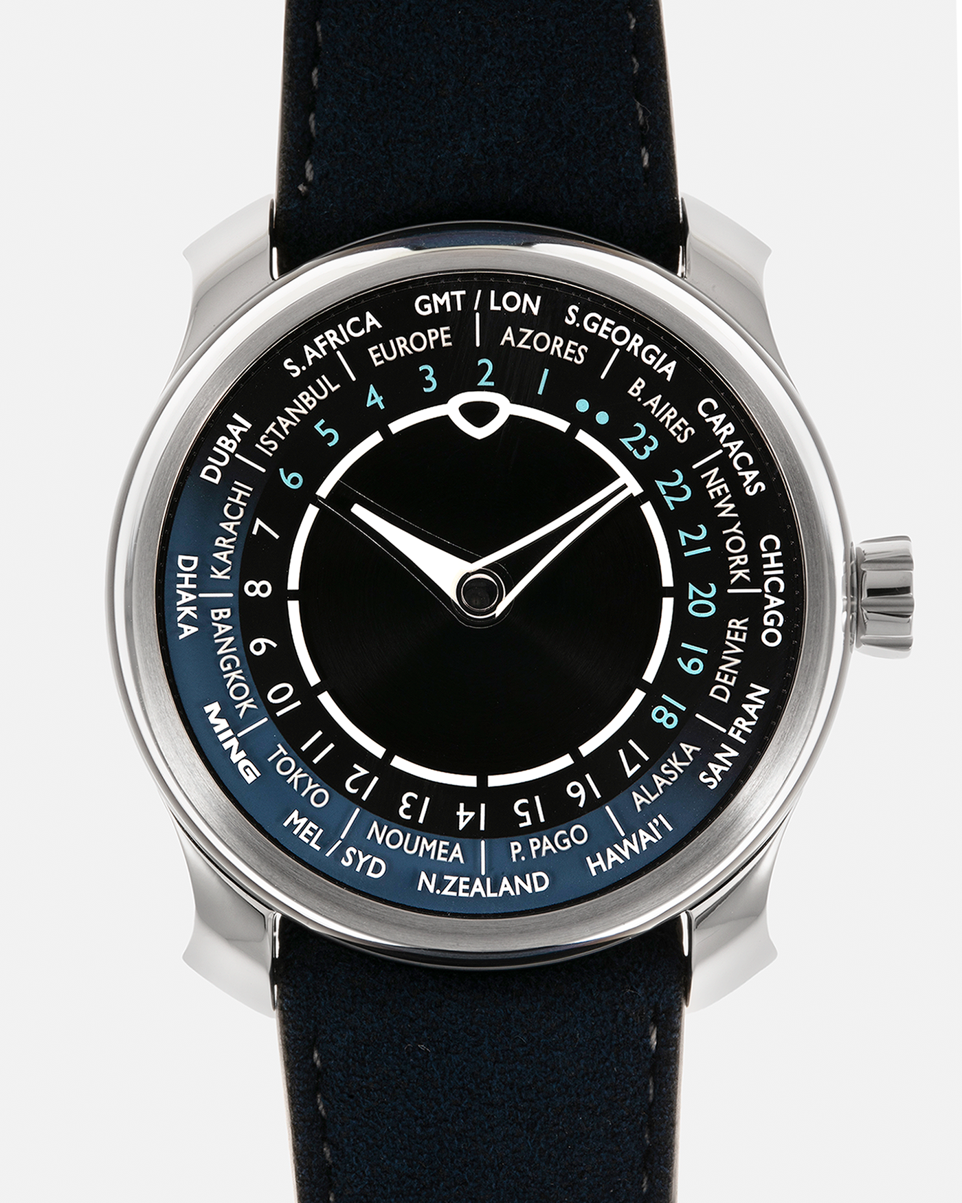 Brand: MING
Year: 2024 (Deliveries Began in March 2024)
Model: 29.01 World Timer, Limited Edition of 100 Pieces
Material: Grade 5 Titanium
Movement: Schwarz-Etienne for MING Cal. ASE 222, Manual-Winding Micro-Rotor
Case Dimensions: 40mm x 11.9mm (Lug-to-Lug 44.5mm)
Lug Width: 22mm
Strap: Jean Rousseau for MING Dark Navy Suede Leather Strap with Signed Titanium Keeperless Tang Buckle