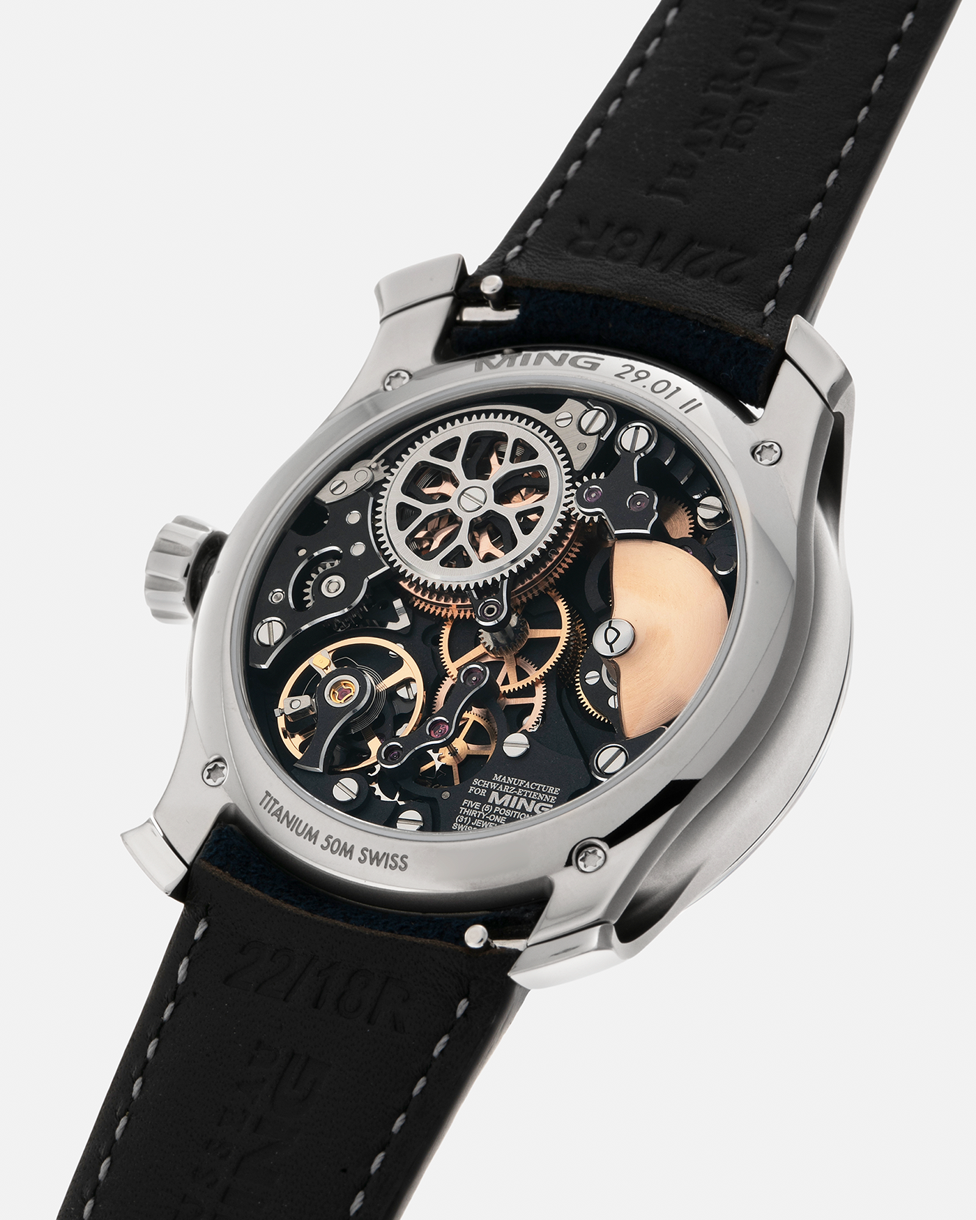 Brand: MING
Year: 2024 (Deliveries Began in March 2024)
Model: 29.01 World Timer, Limited Edition of 100 Pieces
Material: Grade 5 Titanium
Movement: Schwarz-Etienne for MING Cal. ASE 222, Manual-Winding Micro-Rotor
Case Dimensions: 40mm x 11.9mm (Lug-to-Lug 44.5mm)
Lug Width: 22mm
Strap: Jean Rousseau for MING Dark Navy Suede Leather Strap with Signed Titanium Keeperless Tang Buckle