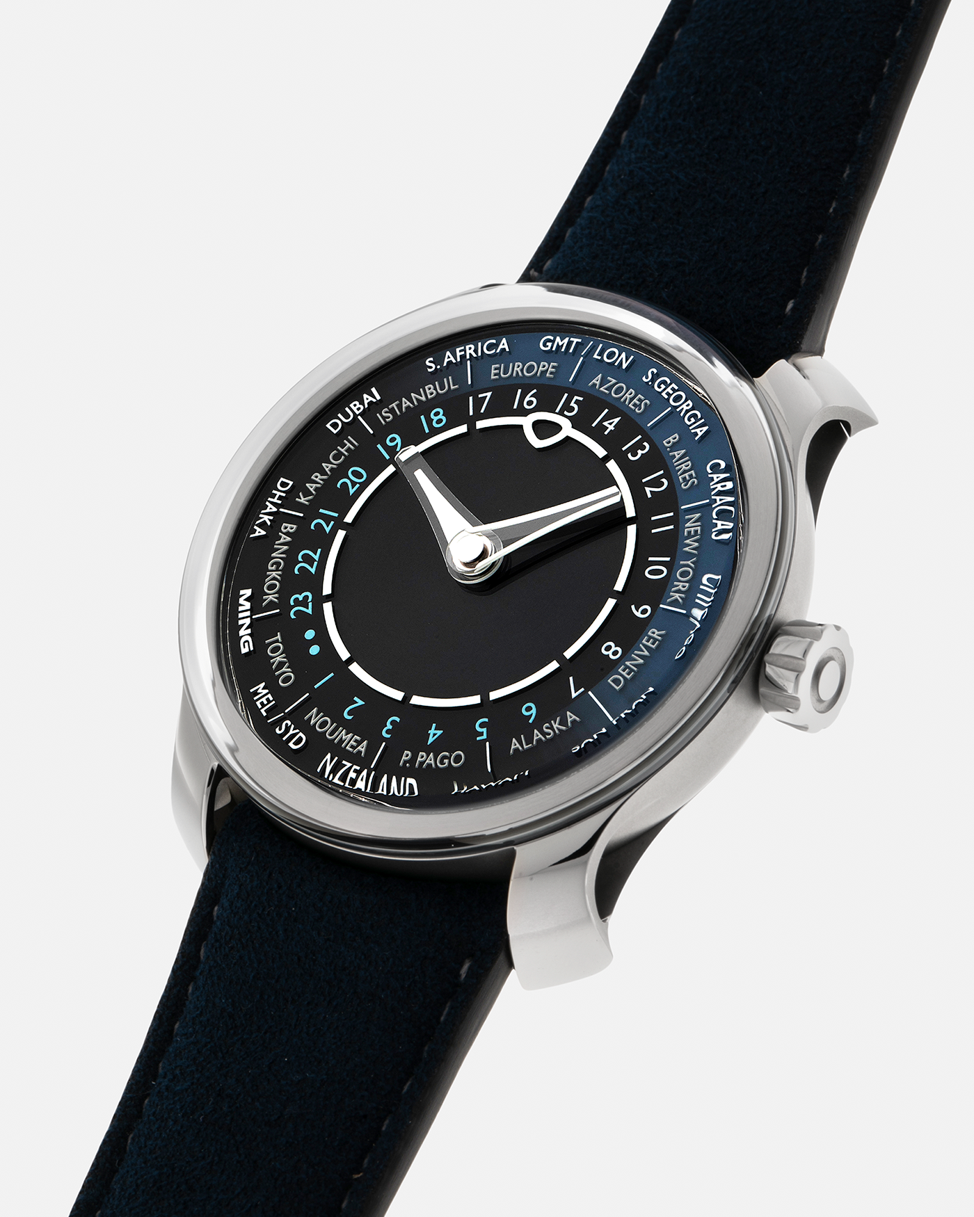 Brand: MING
Year: 2024 (Deliveries Began in March 2024)
Model: 29.01 World Timer, Limited Edition of 100 Pieces
Material: Grade 5 Titanium
Movement: Schwarz-Etienne for MING Cal. ASE 222, Manual-Winding Micro-Rotor
Case Dimensions: 40mm x 11.9mm (Lug-to-Lug 44.5mm)
Lug Width: 22mm
Strap: Jean Rousseau for MING Dark Navy Suede Leather Strap with Signed Titanium Keeperless Tang Buckle