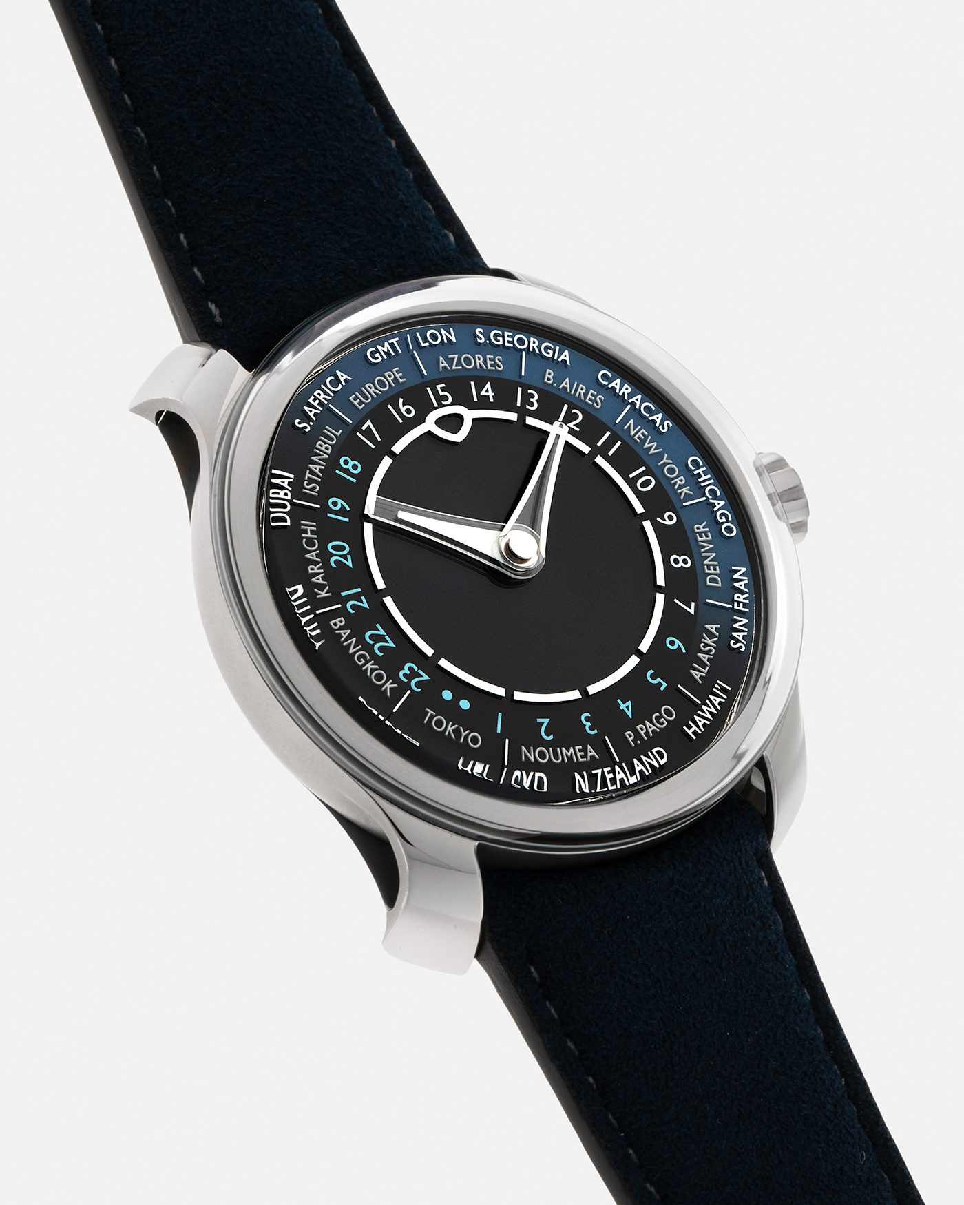 Brand: MING
Year: 2024 (Deliveries Began in March 2024)
Model: 29.01 World Timer, Limited Edition of 100 Pieces
Material: Grade 5 Titanium
Movement: Schwarz-Etienne for MING Cal. ASE 222, Manual-Winding Micro-Rotor
Case Dimensions: 40mm x 11.9mm (Lug-to-Lug 44.5mm)
Lug Width: 22mm
Strap: Jean Rousseau for MING Dark Navy Suede Leather Strap with Signed Titanium Keeperless Tang Buckle