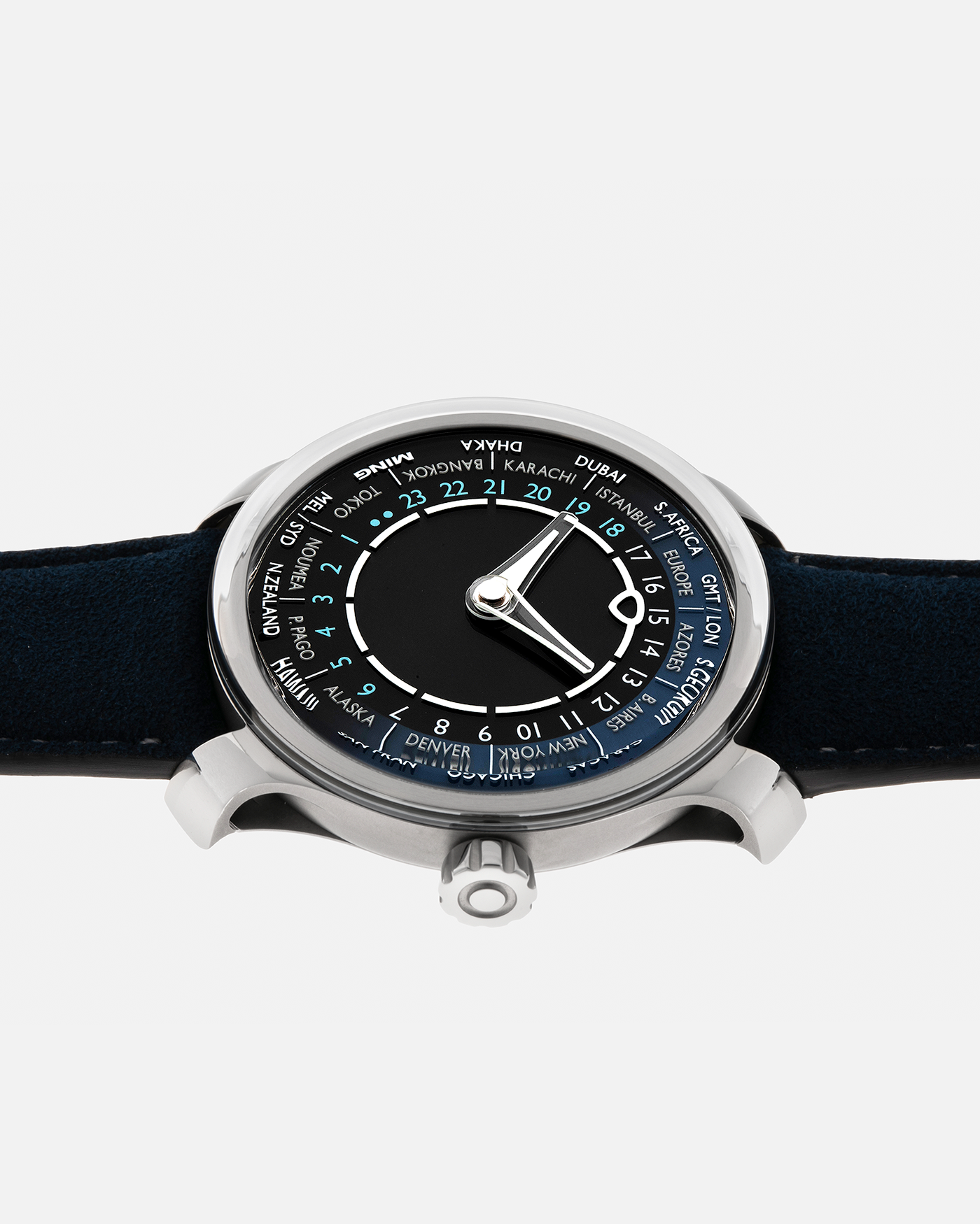 Brand: MING
Year: 2024 (Deliveries Began in March 2024)
Model: 29.01 World Timer, Limited Edition of 100 Pieces
Material: Grade 5 Titanium
Movement: Schwarz-Etienne for MING Cal. ASE 222, Manual-Winding Micro-Rotor
Case Dimensions: 40mm x 11.9mm (Lug-to-Lug 44.5mm)
Lug Width: 22mm
Strap: Jean Rousseau for MING Dark Navy Suede Leather Strap with Signed Titanium Keeperless Tang Buckle