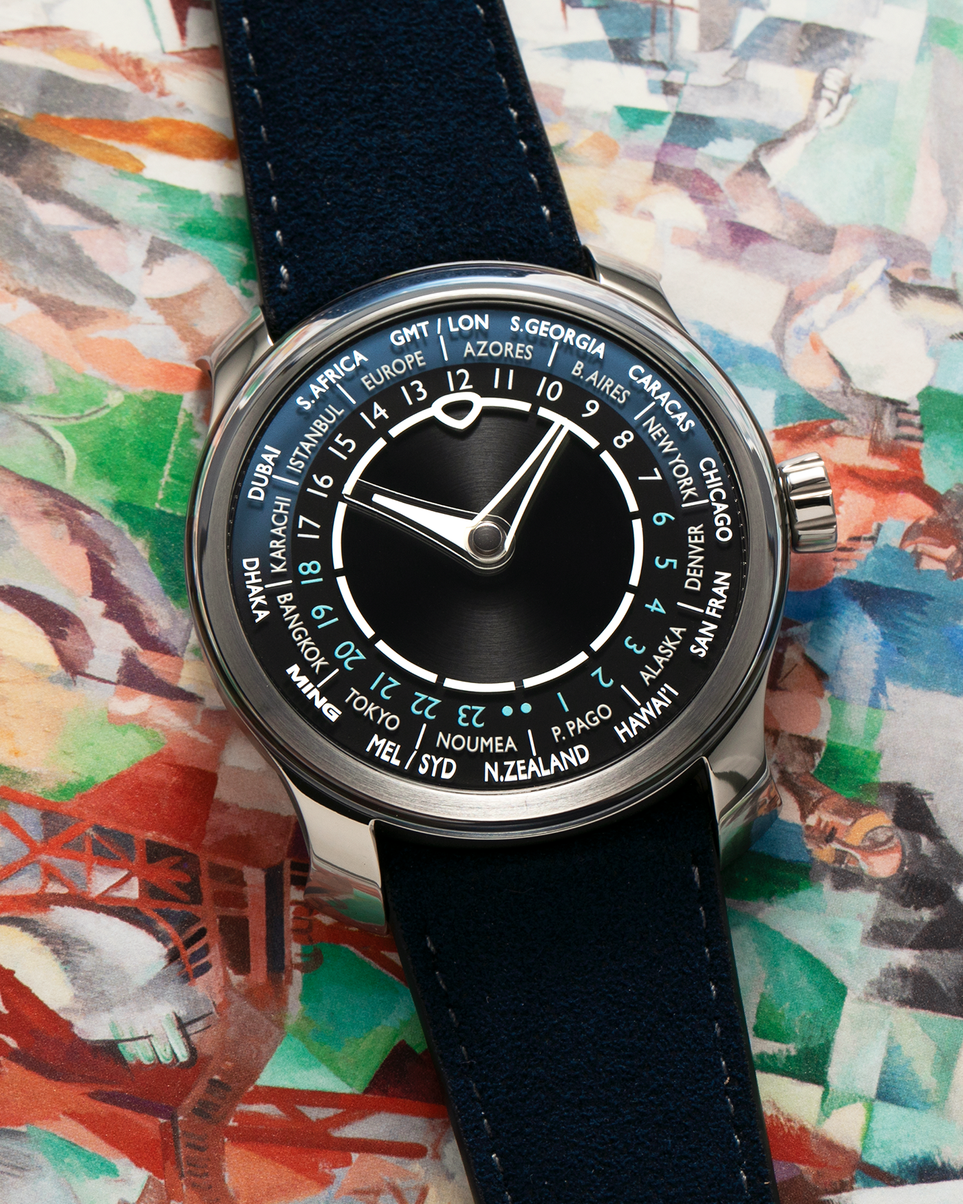 Brand: MING
Year: 2024 (Deliveries Began in March 2024)
Model: 29.01 World Timer, Limited Edition of 100 Pieces
Material: Grade 5 Titanium
Movement: Schwarz-Etienne for MING Cal. ASE 222, Manual-Winding Micro-Rotor
Case Dimensions: 40mm x 11.9mm (Lug-to-Lug 44.5mm)
Lug Width: 22mm
Strap: Jean Rousseau for MING Dark Navy Suede Leather Strap with Signed Titanium Keeperless Tang Buckle