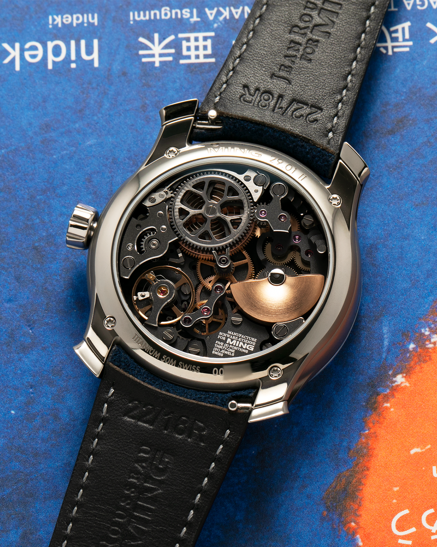 Brand: MING
Year: 2024 (Deliveries Began in March 2024)
Model: 29.01 World Timer, Limited Edition of 100 Pieces
Material: Grade 5 Titanium
Movement: Schwarz-Etienne for MING Cal. ASE 222, Manual-Winding Micro-Rotor
Case Dimensions: 40mm x 11.9mm (Lug-to-Lug 44.5mm)
Lug Width: 22mm
Strap: Jean Rousseau for MING Dark Navy Suede Leather Strap with Signed Titanium Keeperless Tang Buckle