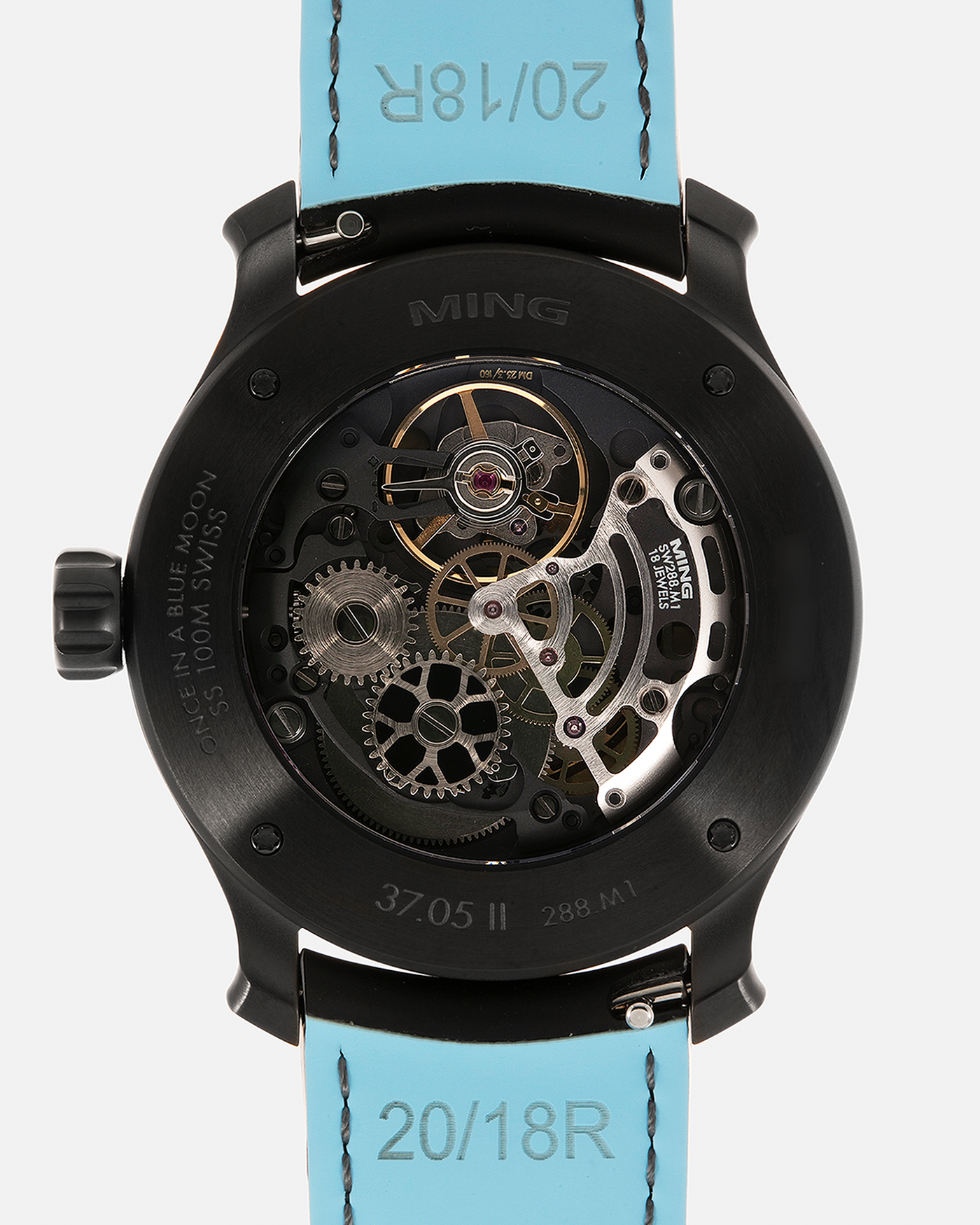 Brand: MING Year: 2023 Model: 37.05 Moonphase Series 2 Special Edition (Special Caves Project), Limited to 50 pieces Material: DLC-Coated Stainless Steel Movement: Heavily Modified Sellita Cal. SW288-1, Manual-Winding Case Diameter: 38mm Lug Width: 20mm Strap: Jean Rousseau Black Rubber with Blue Under Lining for MING with Signed DLC-Coated Keeperless Flying Blade Buckle