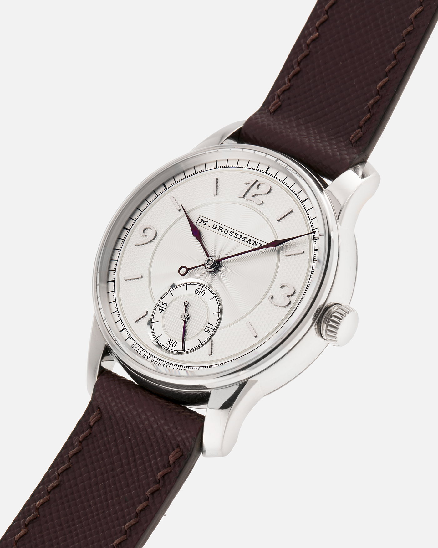 Brand: Moritz Grossmann
Year: 2023
Model: Benu 37 Grail Watch ‘Silver Bullet’
Reference Number: MG-003588
Material: 18k White Gold
Movement: Manual-Winding Cal. 102.1
Case Dimensions: 37mm Diameter 9.4mm Thickness
Strap: Moritz Grossman Anemone Kudu Leather Strap, Delugs White Himalayan Alligator Strap, Strapology Purple Textured Calf Strap and 18k White Gold Moritz Grossmann Tang Buckle