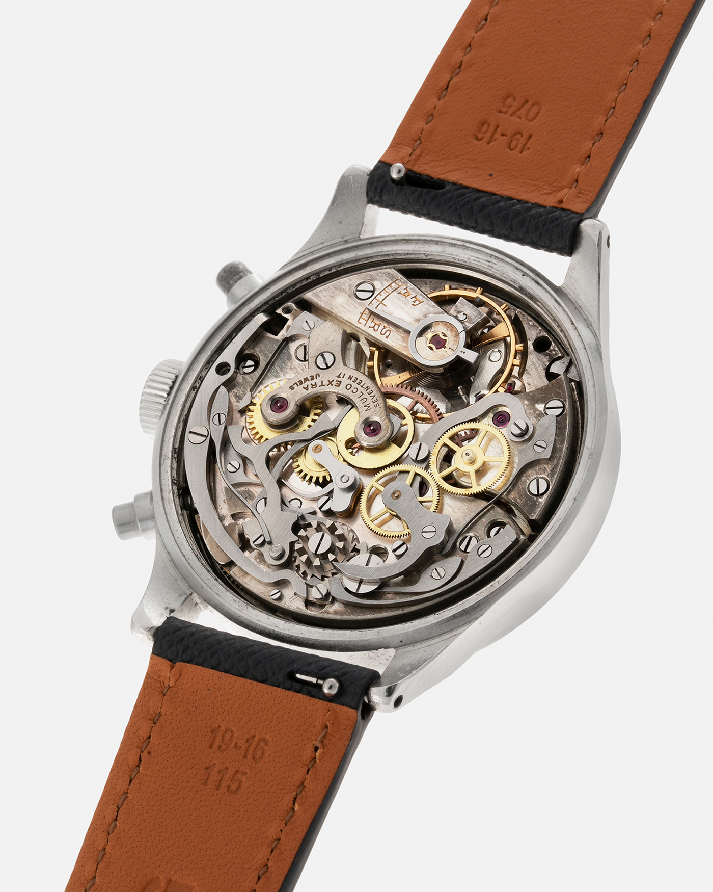Brand: Mulco Year: 1940s Material: Stainless Steel Movement: Valjoux Cal. 22, Manual-Winding Case Diameter: 38mm (Spillman Case) Lug Width: 19mm Strap: Molequin Navy Blue Textured Calf Leather Strap