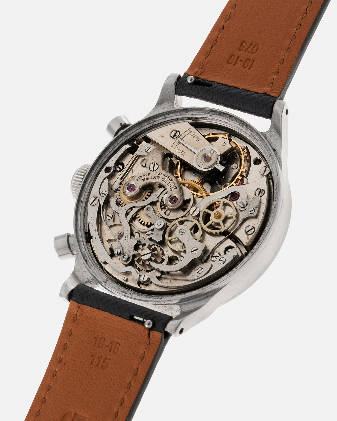 Brand: Mulco Year: 1940s Material: Stainless Steel Movement: Valjoux Cal. 22, Manual-Winding Case Diameter: 38mm (Spillman Case) Lug Width: 19mm Strap: Molequin Navy Textured Calf Leather Strap