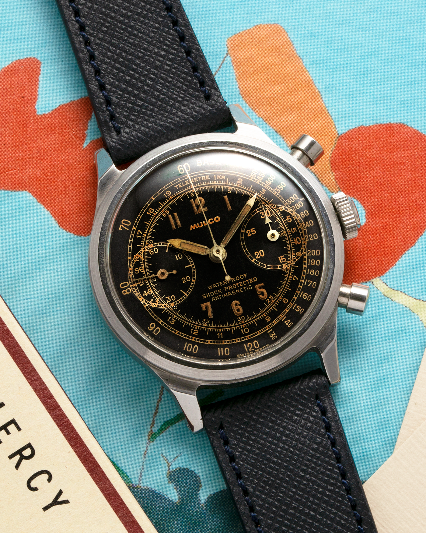 Brand: Mulco Year: 1940s Material: Stainless Steel Movement: Valjoux Cal. 22, Manual-Winding Case Diameter: 38mm (Spillman Case) Lug Width: 19mm Strap: Molequin Navy Textured Calf Leather Strap