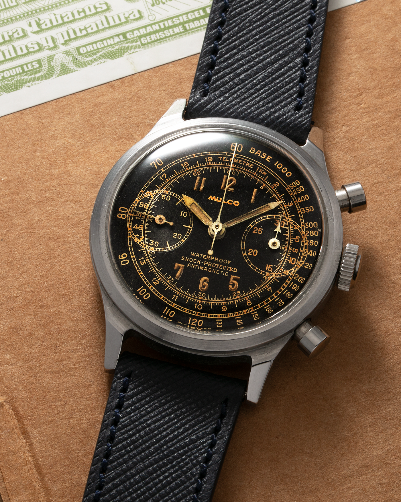 Brand: Mulco Year: 1940s Material: Stainless Steel Movement: Valjoux Cal. 22, Manual-Winding Case Diameter: 38mm (Spillman Case) Lug Width: 19mm Strap: Molequin Navy Textured Calf Leather Strap