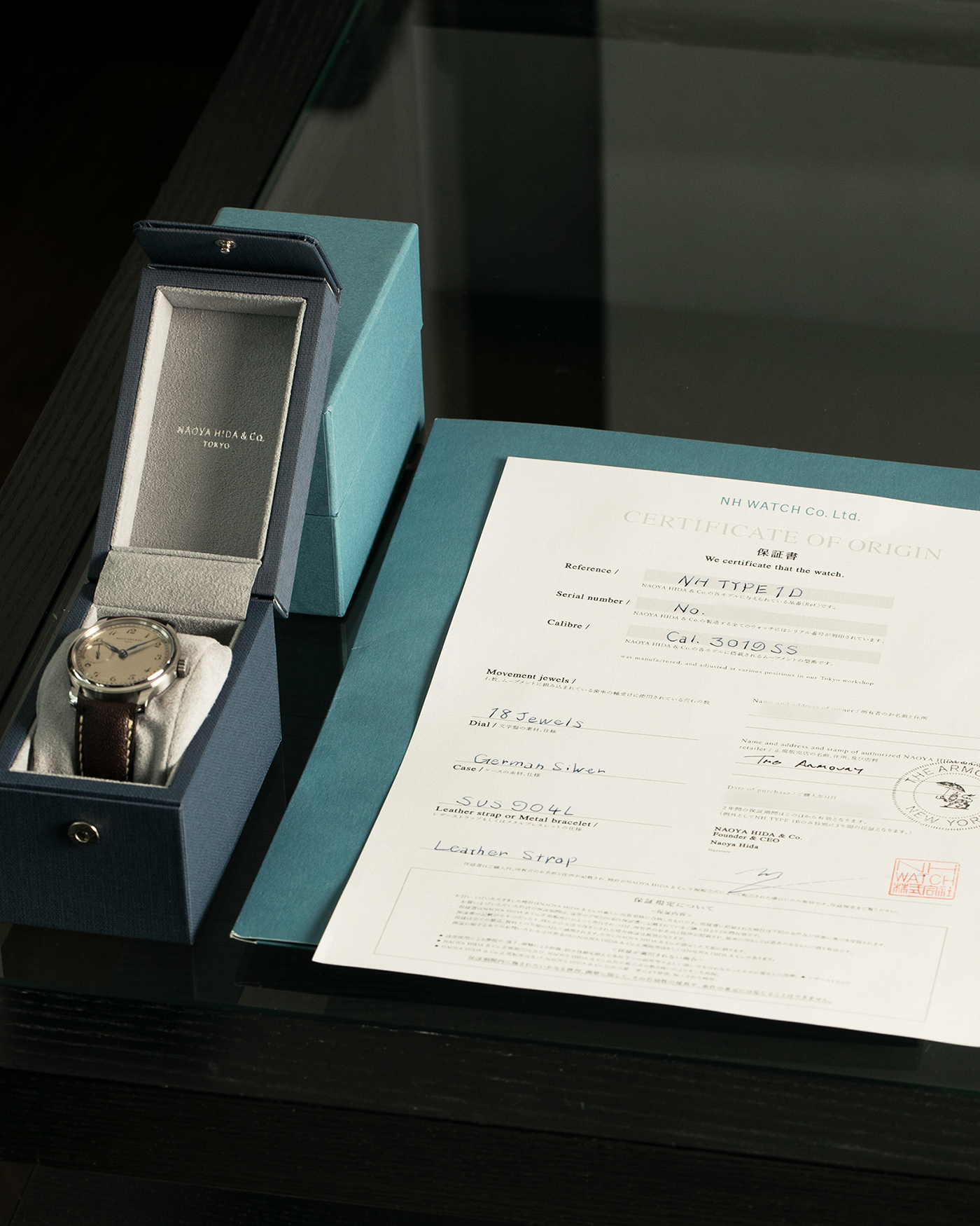 Brand: Naoya HIda
Year: 2022
Model: NH Type 1D
Material: 904L Stainless Steel Case, German Silver Dial 
Movement: Cal. 3019SS, Manual-Winding
Case Diameter: 37mm
Strap: Naoya Hida Volinka Brown Leather Strap with Signed Stainless Steel Tang Buckle