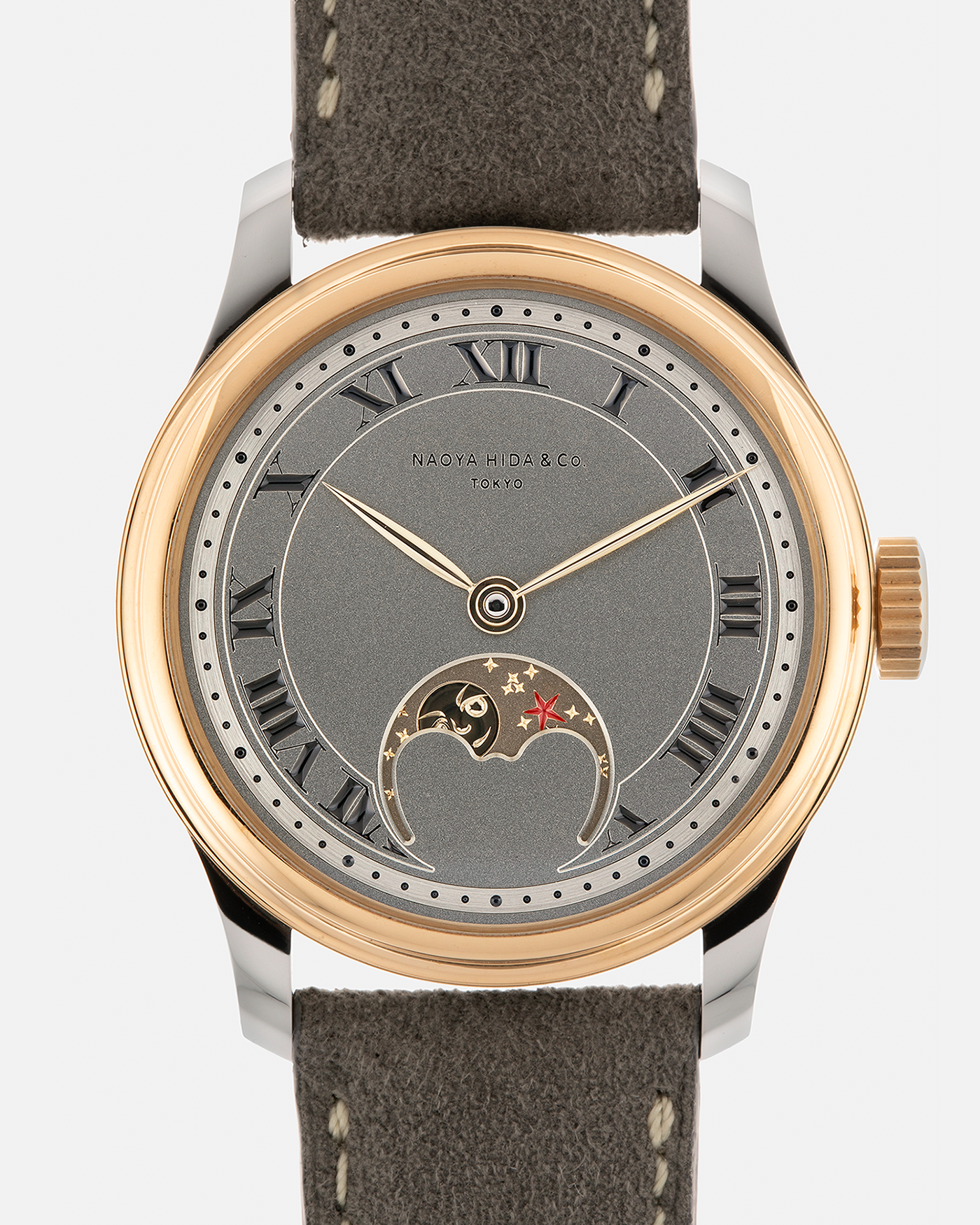 Brand: Naoya Hida
Year: 2025
Model: NH Type 3B-2, Revolution Magazine Limited Edition of 10 Pieces
Material: 904L Stainless Steel Case, German Silver Dial with Dark Grey DLC Treatment 
Movement: NH Cal. 3021LU (Based on Valjoux Cal. 7750), Manual-Winding
Case Dimensions: 37mm x 10.7mm (44mm Lug-to-Lug)
Lug Width: 20mm
Strap: Jean Rousseau Grey Suede Strap with Signed 904L Stainless Steel Tang Buckle