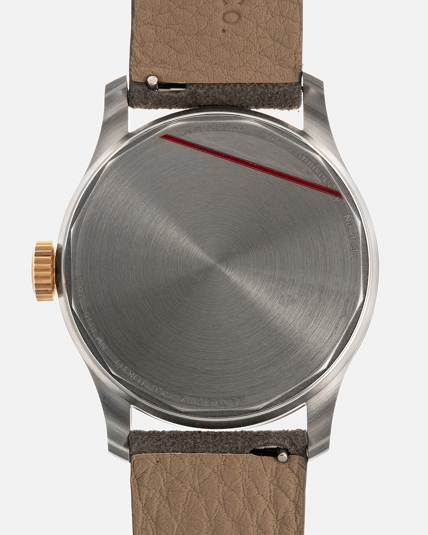 Brand: Naoya Hida
Year: 2025
Model: NH Type 3B-2, Revolution Magazine Limited Edition of 10 Pieces
Material: 904L Stainless Steel Case, German Silver Dial with Dark Grey DLC Treatment 
Movement: NH Cal. 3021LU (Based on Valjoux Cal. 7750), Manual-Winding
Case Dimensions: 37mm x 10.7mm (44mm Lug-to-Lug)
Lug Width: 20mm
Strap: Jean Rousseau Grey Suede Strap with Signed 904L Stainless Steel Tang Buckle