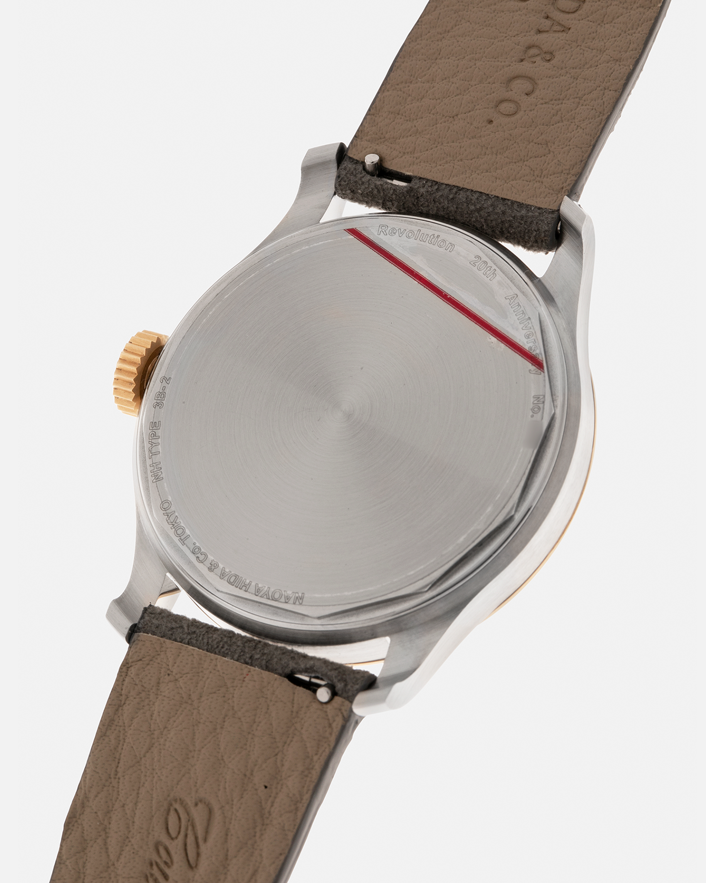 Brand: Naoya Hida
Year: 2025
Model: NH Type 3B-2, Revolution Magazine Limited Edition of 10 Pieces
Material: 904L Stainless Steel Case, German Silver Dial with Dark Grey DLC Treatment 
Movement: NH Cal. 3021LU (Based on Valjoux Cal. 7750), Manual-Winding
Case Dimensions: 37mm x 10.7mm (44mm Lug-to-Lug)
Lug Width: 20mm
Strap: Jean Rousseau Grey Suede Strap with Signed 904L Stainless Steel Tang Buckle