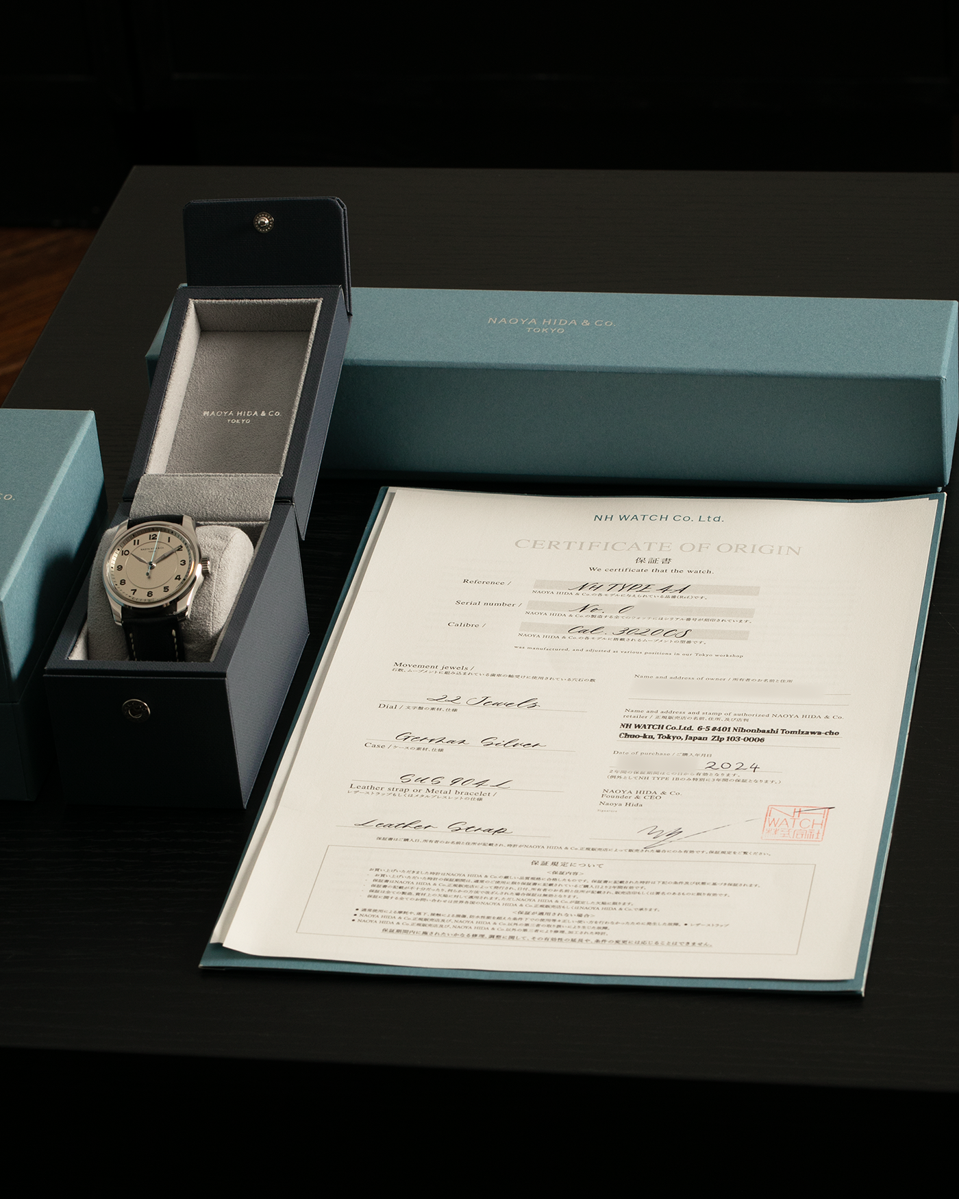 Brand: Naoya Hida
Year: 2024
Model: NH Type 4A
Material: 904L Stainless Steel Case, German Silver Dial
Movement: NH Cal. 3020SS (Based on Valjoux Cal. 7750), Manual-Winding
Case Dimensions: 36mm x 11mm (42mm Lug-to-Lug)
Lug Width: 20mm
Strap: Jean Rousseau Dark Brown Leather Strap with Signed 904L Stainless Steel Tang Buckle