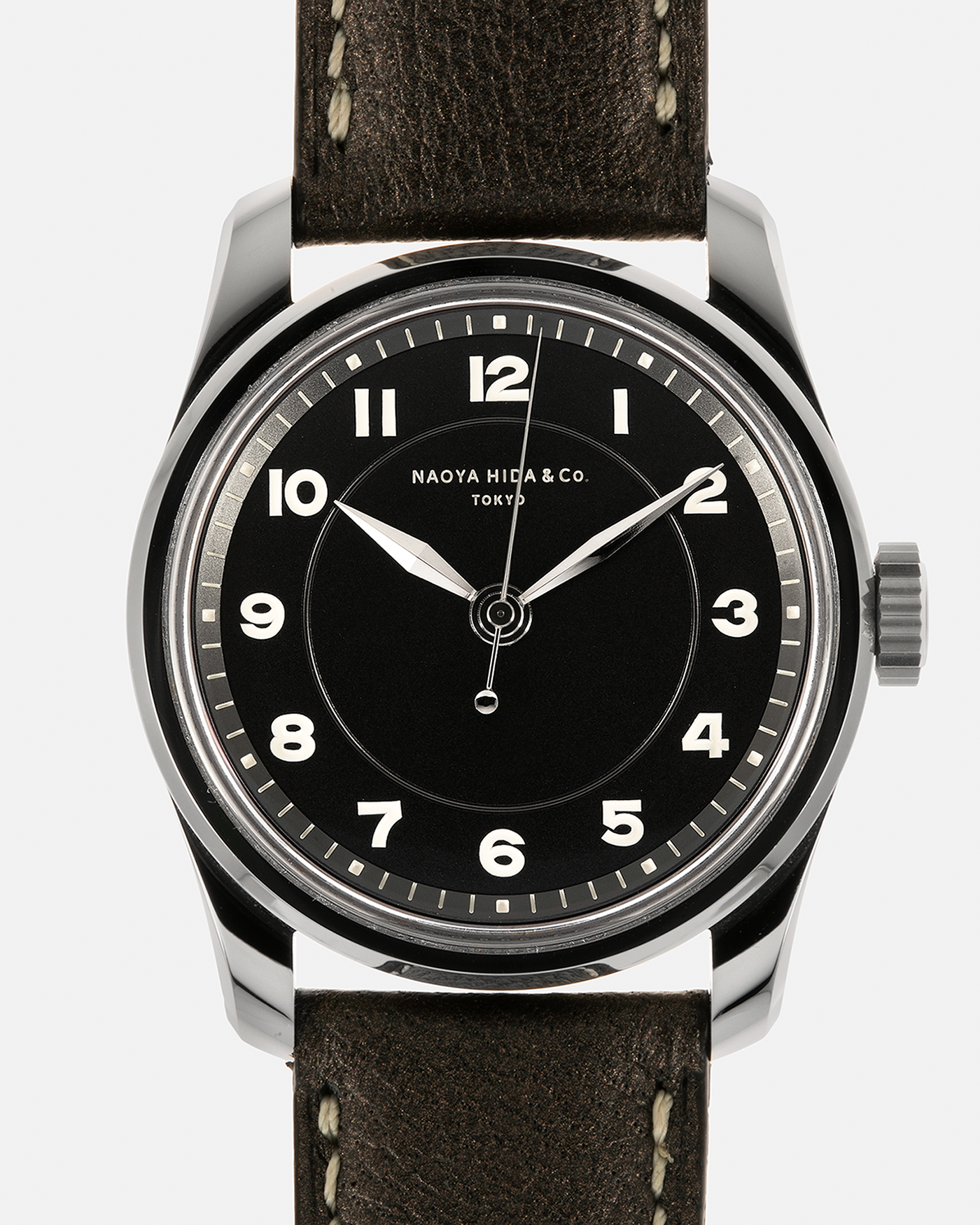 Brand: Naoya Hida
Year: 2024
Model: NH Type 4A-1
Material: 904L Stainless Steel Case, German Silver Dial with Dark Grey DLC Treatment 
Movement: NH Cal. 3020SS (Based on Valjoux Cal. 7750), Manual-Winding
Case Dimensions: 36mm x 11mm (42mm Lug-to-Lug)
Lug Width: 20mm
Strap: Jean Rousseau Dark Brown Goat Leather Strap with Signed 904L Stainless Steel Tang Buckle, additional Jean Rousseau Tanned Brown Goat Leather Strap
