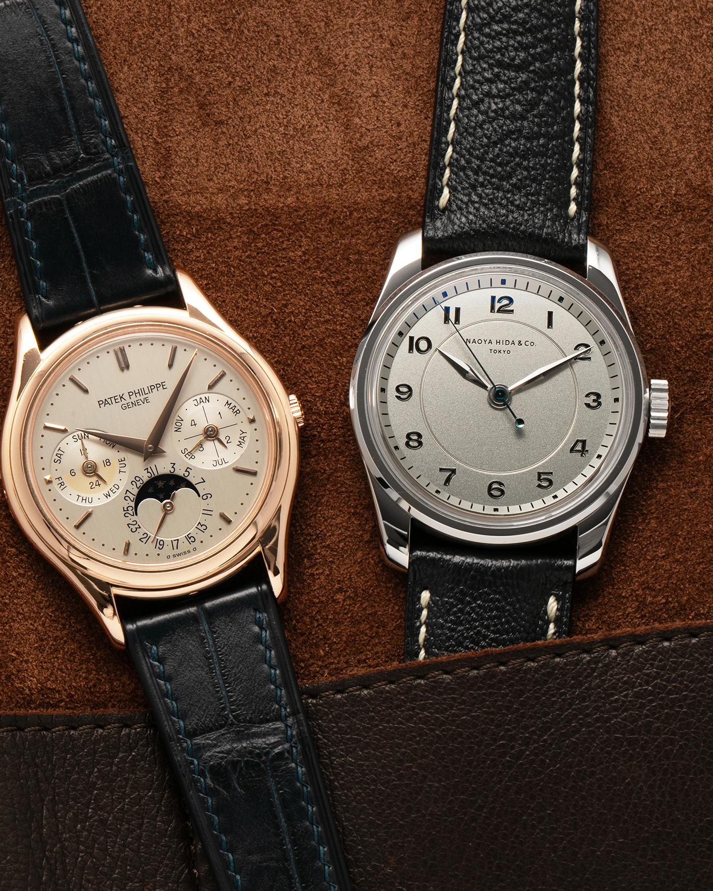 Brand: Naoya Hida
Year: 2024
Model: NH Type 4A
Material: 904L Stainless Steel Case, German Silver Dial
Movement: NH Calibre 3020SS (Based on Valjoux Cal. 7750), Manual-Winding
Case Dimensions: 36mm Diameter 11mm Thickness
Lug Width: 20mm
Strap: Jean Rousseau Dark Blue Leather Strap with Signed 904L Stainless Steel Tang Buckle