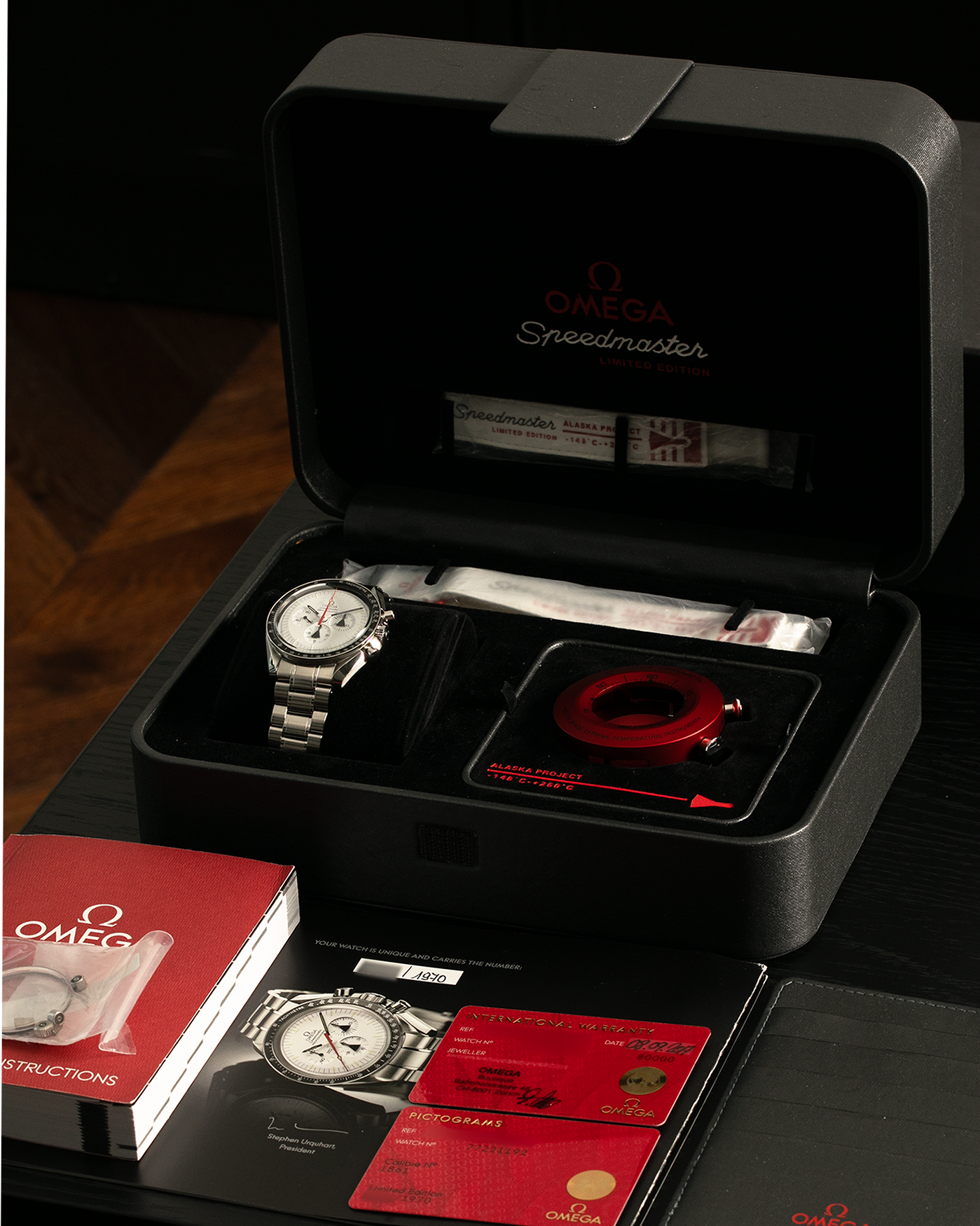 Brand: Omega
Year: 2017
Model: Speedmaster Professional Alaska Project
Reference: 311.32.42.30.04.001
Material: Stainless Steel
Movement: Omega in-house Cal. 1861, Self-Winding
Case Dimensions: 42mm x 13mm (Lug-to-Lug 48mm)
Lug Width: 20mm
Bracelet/Strap: Omega Stainless Steel Bracelet, Omega Alaska Project Fabric Velcro Straps