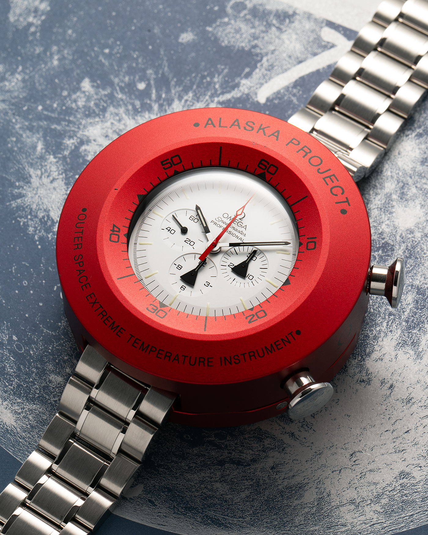 Brand: Omega
Year: 2017
Model: Speedmaster Professional Alaska Project
Reference: 311.32.42.30.04.001
Material: Stainless Steel
Movement: Omega in-house Cal. 1861, Self-Winding
Case Dimensions: 42mm x 13mm (Lug-to-Lug 48mm)
Lug Width: 20mm
Bracelet/Strap: Omega Stainless Steel Bracelet, Omega Alaska Project Fabric Velcro Straps