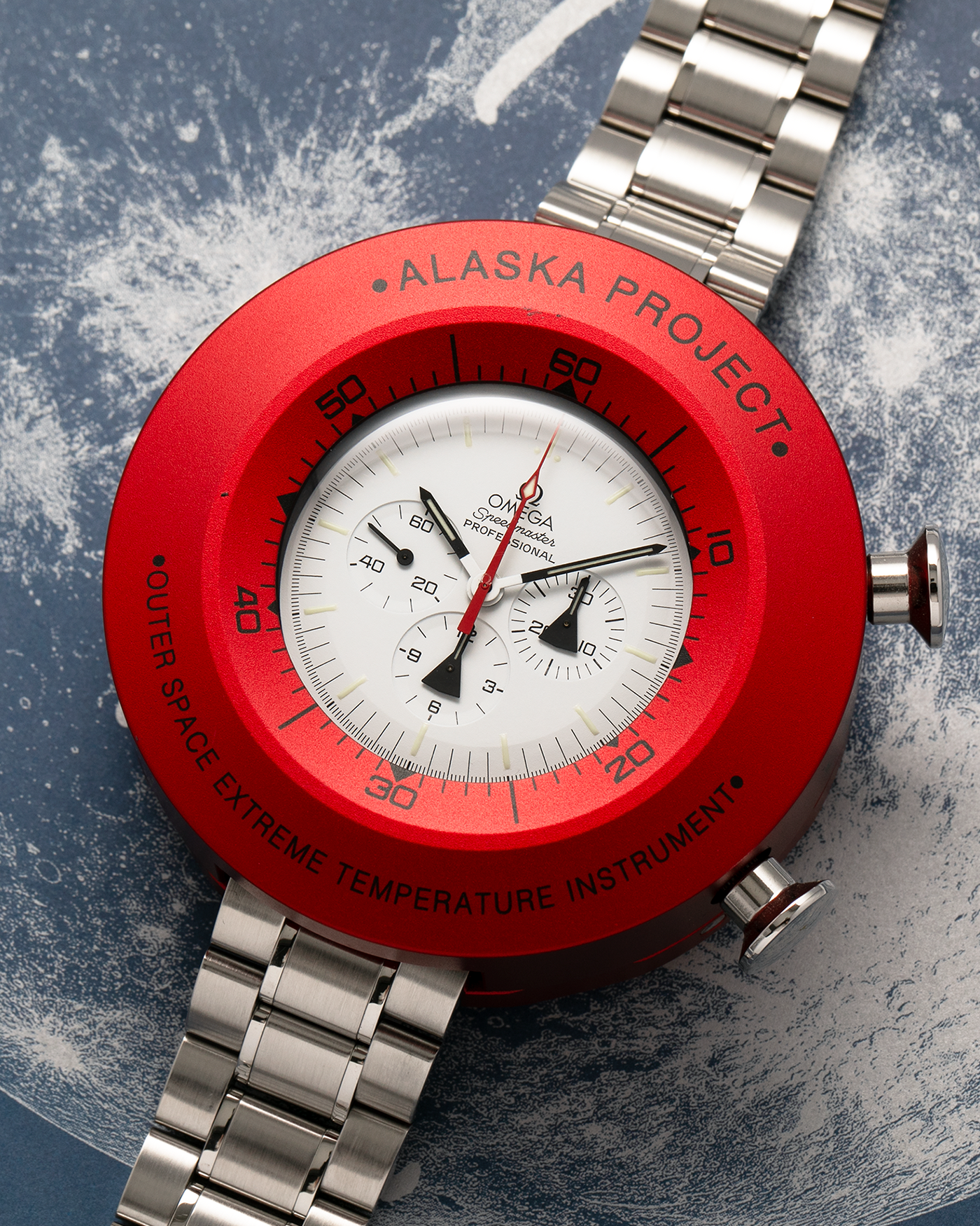 Brand: Omega
Year: 2017
Model: Speedmaster Professional Alaska Project
Reference: 311.32.42.30.04.001
Material: Stainless Steel
Movement: Omega in-house Cal. 1861, Self-Winding
Case Dimensions: 42mm x 13mm (Lug-to-Lug 48mm)
Lug Width: 20mm
Bracelet/Strap: Omega Stainless Steel Bracelet, Omega Alaska Project Fabric Velcro Straps