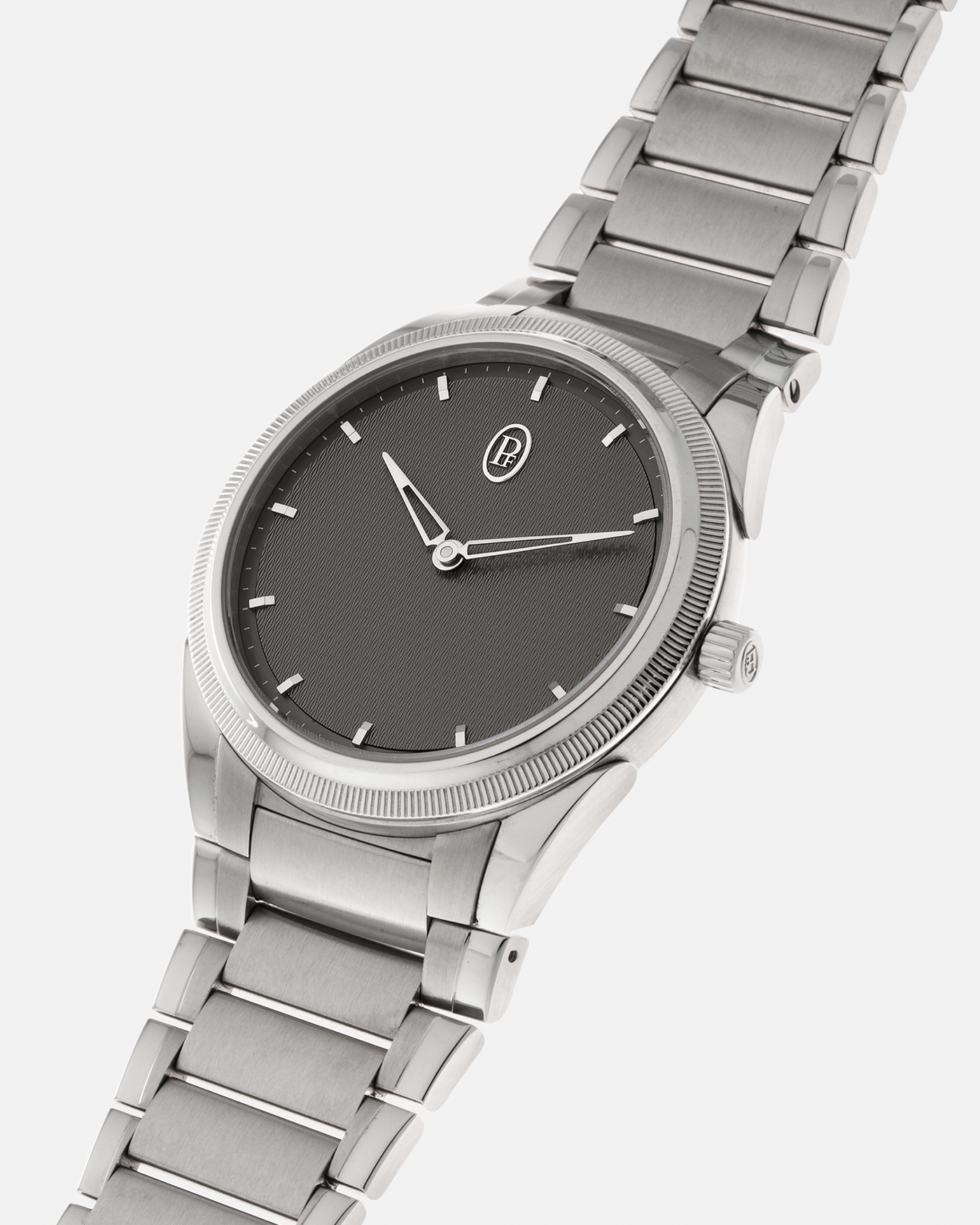 Brand: Parmigiani Fleurier Year: 2023 Model: Tonda PF Silver Sand Material: Stainless Steel Movement: Cal. PF 770, Self-Winding Case Diameter: 36mm Strap: Parmigiani Integrated Stainless Steel Bracelet with Signed Clasp