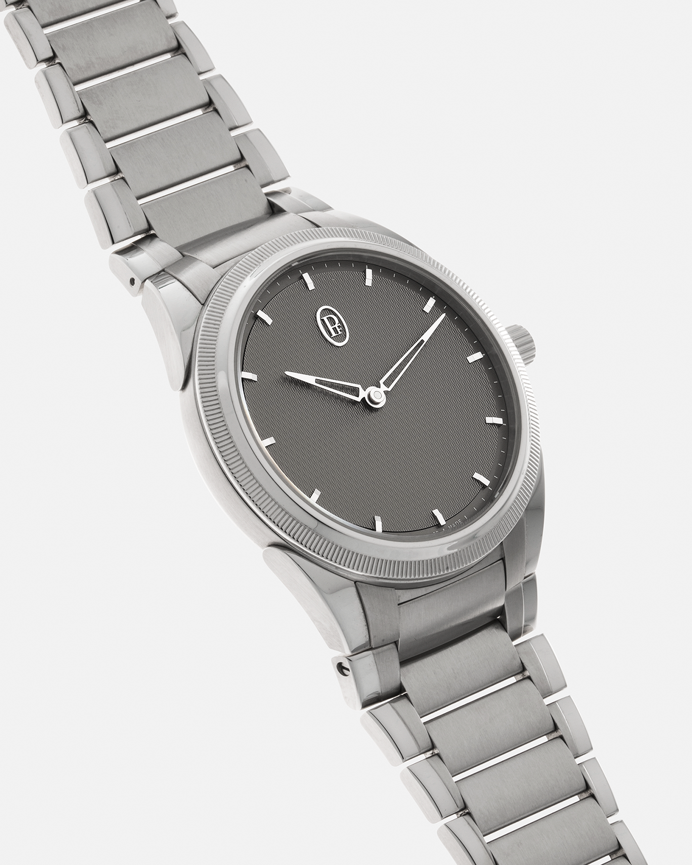 Brand: Parmigiani Fleurier Year: 2023 Model: Tonda PF Silver Sand Material: Stainless Steel Movement: Cal. PF 770, Self-Winding Case Diameter: 36mm Strap: Parmigiani Integrated Stainless Steel Bracelet with Signed Clasp