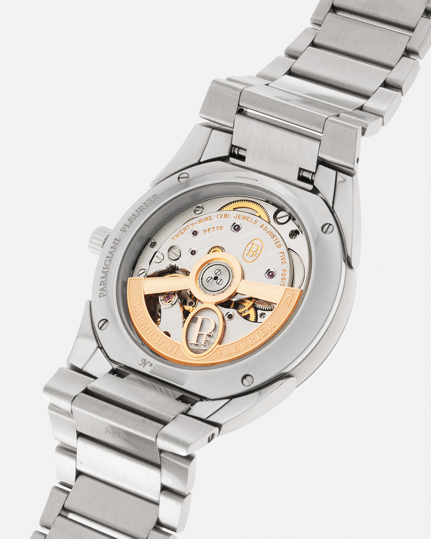 Brand: Parmigiani Fleurier Year: 2023 Model: Tonda PF Silver Sand Material: Stainless Steel Movement: Cal. PF 770, Self-Winding Case Diameter: 36mm Strap: Parmigiani Integrated Stainless Steel Bracelet with Signed Clasp
