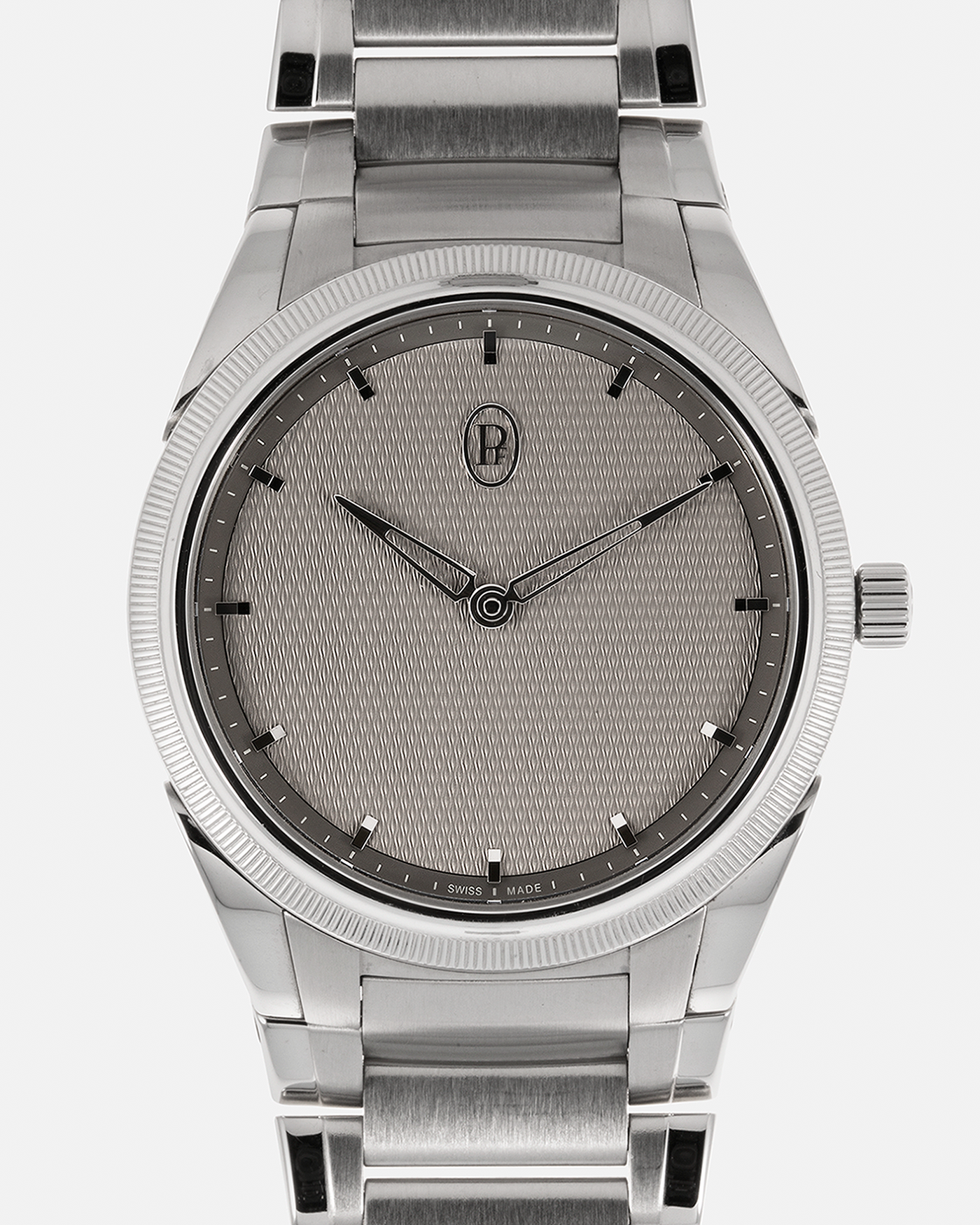 Brand: Parmigiani Fleurier Year: 2023 Model: Tonda PF Silver Sand Material: Stainless Steel Movement: Cal. PF 770, Self-Winding Case Diameter: 36mm Strap: Parmigiani Integrated Stainless Steel Bracelet with Signed Clasp