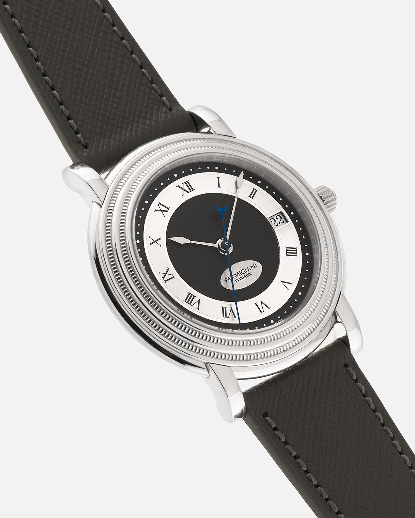 Brand: Parmigiani Fleurier
Year: 2000’s
Model: Toric Automatic
Material: Platinum 950
Movement: PF Cal. 13301, Self-Winding
Case Dimensions: 40mm Diameter 8.5mm Thickness
Lug Width: 20mm
Strap: Grey Molequin Textured Calf Strap with Signed Platinum Parmigiani Fleurier Tang Buckle. Additional Used Black Parmigiani Fleurier Alligator Strap