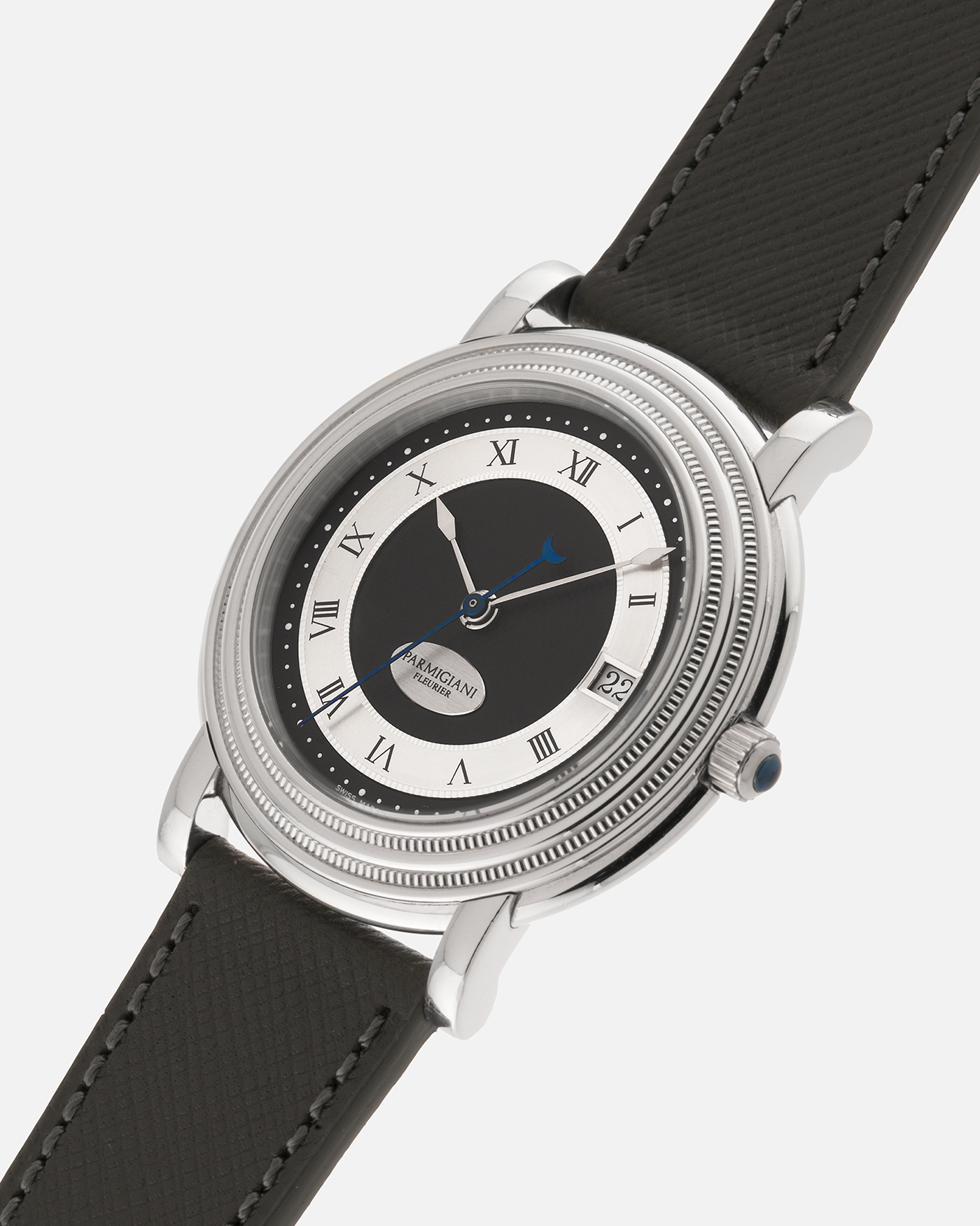 Brand: Parmigiani Fleurier
Year: 2000’s
Model: Toric Automatic
Material: Platinum 950
Movement: PF Cal. 13301, Self-Winding
Case Dimensions: 40mm Diameter 8.5mm Thickness
Lug Width: 20mm
Strap: Grey Molequin Textured Calf Strap with Signed Platinum Parmigiani Fleurier Tang Buckle. Additional Used Black Parmigiani Fleurier Alligator Strap