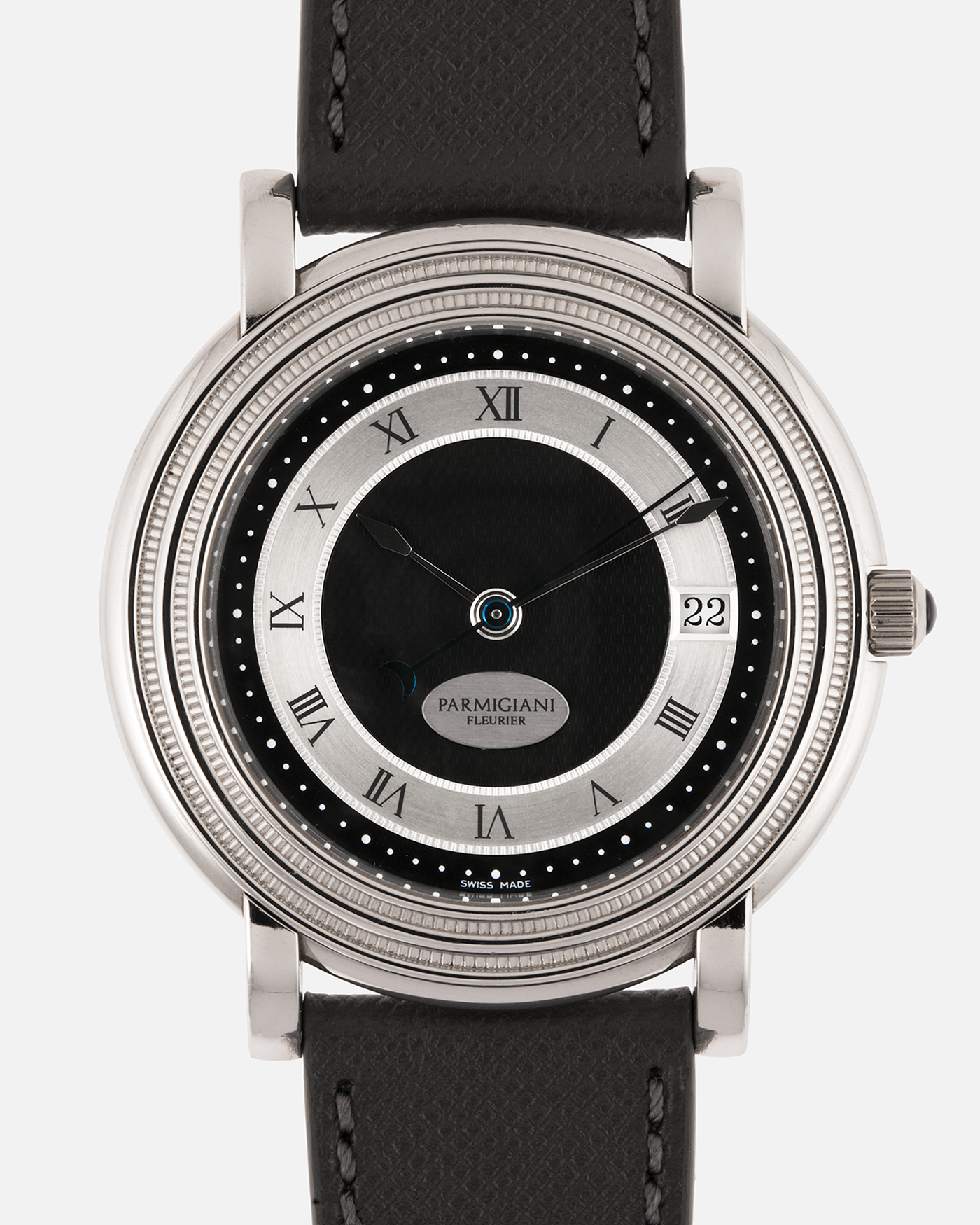Brand: Parmigiani Fleurier
Year: 2000’s
Model: Toric Automatic
Material: Platinum 950
Movement: PF Cal. 13301, Self-Winding
Case Dimensions: 40mm Diameter 8.5mm Thickness
Lug Width: 20mm
Strap: Grey Molequin Textured Calf Strap with Signed Platinum Parmigiani Fleurier Tang Buckle. Additional Used Black Parmigiani Fleurier Alligator Strap