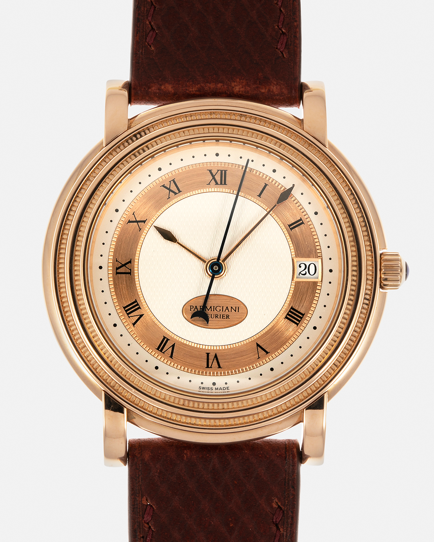 Brand: Parmigiani Fleurier
Year: 1990s
Model: Toric Automatic
Material: 18-carat Rose Gold
Movement: PF Cal. 13301, Self-Winding
Case Dimensions: 40mm x 8mm (Lug-to-Lug 44mm)
Lug Width: 20mm
Strap: Delugs Wine Red Alligator Leather Strap with Signed 18-carat Rose Gold Tang Buckle
