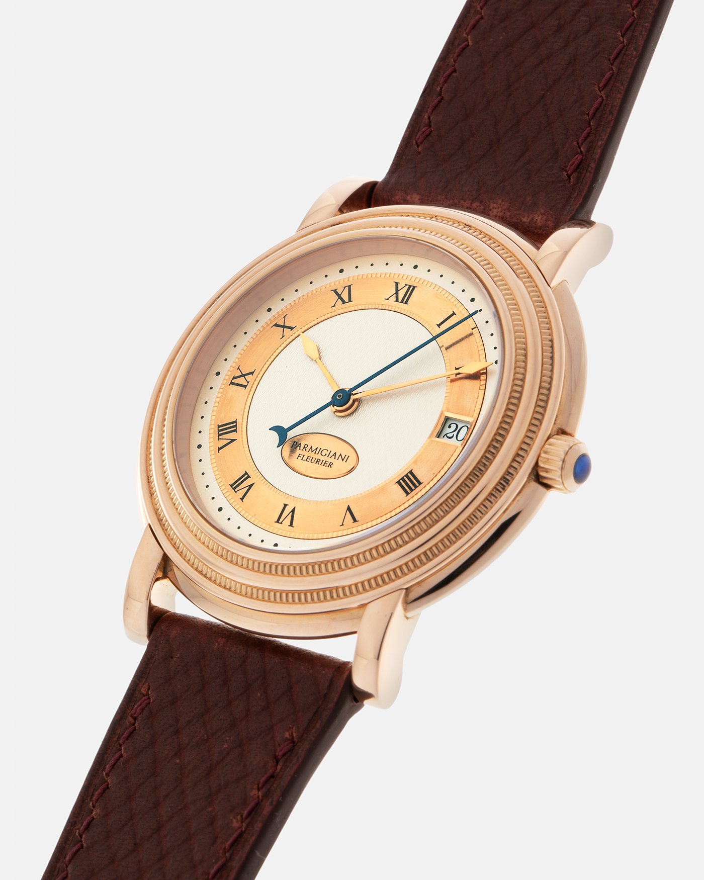 Brand: Parmigiani Fleurier
Year: 1990s
Model: Toric Automatic
Material: 18-carat Rose Gold
Movement: PF Cal. 13301, Self-Winding
Case Dimensions: 40mm x 8mm (Lug-to-Lug 44mm)
Lug Width: 20mm
Strap: Delugs Wine Red Alligator Leather Strap with Signed 18-carat Rose Gold Tang Buckle