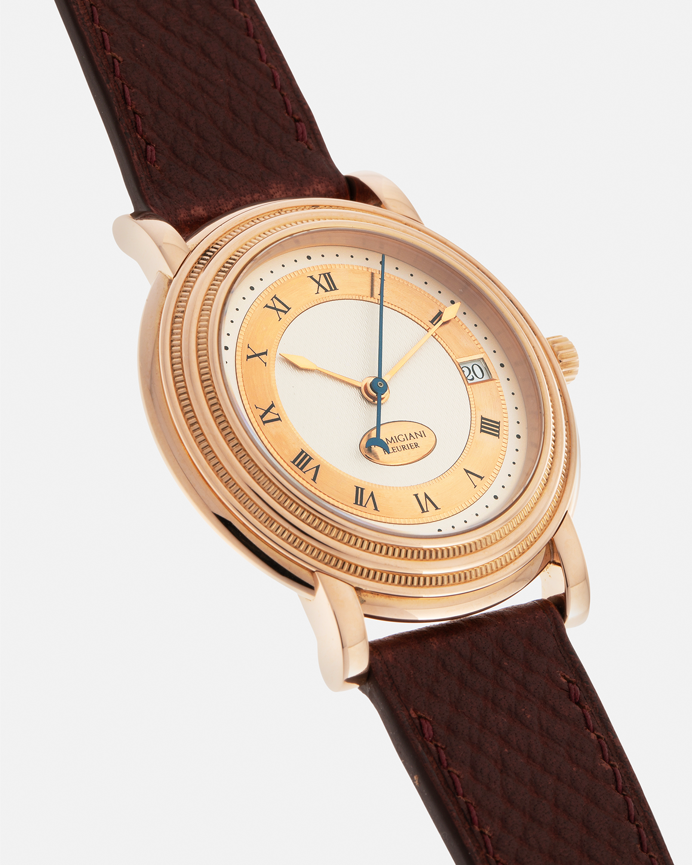 Brand: Parmigiani Fleurier
Year: 1990s
Model: Toric Automatic
Material: 18-carat Rose Gold
Movement: PF Cal. 13301, Self-Winding
Case Dimensions: 40mm x 8mm (Lug-to-Lug 44mm)
Lug Width: 20mm
Strap: Delugs Wine Red Alligator Leather Strap with Signed 18-carat Rose Gold Tang Buckle