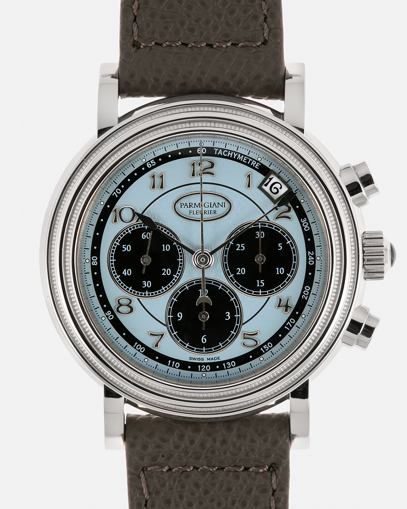 Brand: Parmigiani Fleurier
Year: 2003
Model: Toric Chronograph
Reference: PF006783
Material: Platinum 950
Movement: Parmigiani Fleurier Cal. PF400z (Based on Zenith El Primero 400z), Self-Winding
Case Dimensions: 40mm
Lug Width: 20mm
Strap: Phillips Bacs & Russo Taupe Textured Calf Leather Strap with Signed Platinum 950 Tang Buckle, with extra Parmigiani Fleurier Black Alligator Leather Strap