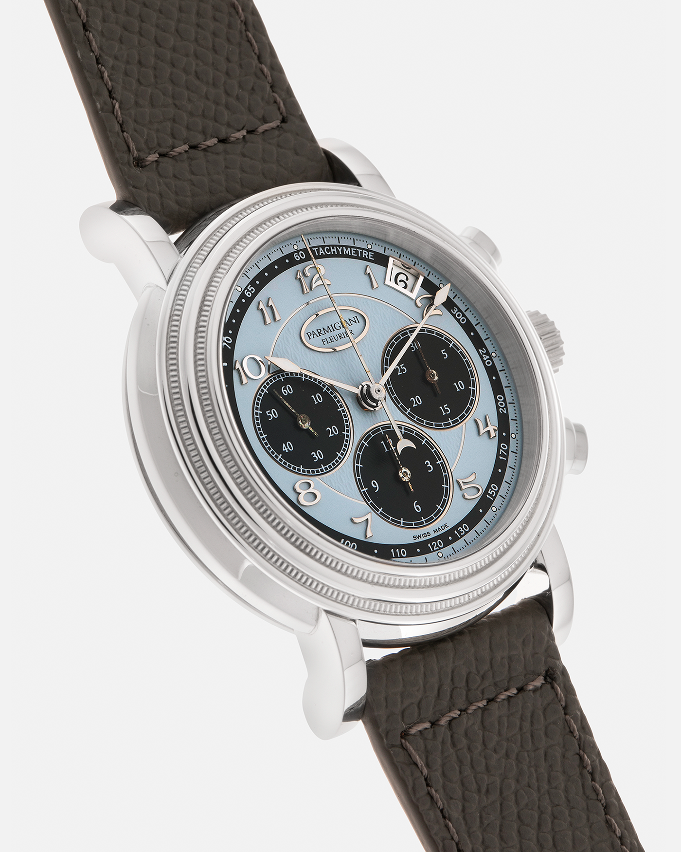 Brand: Parmigiani Fleurier
Year: 2003
Model: Toric Chronograph
Reference: PF006783
Material: Platinum 950
Movement: Parmigiani Fleurier Cal. PF400z (Based on Zenith El Primero 400z), Self-Winding
Case Dimensions: 40mm
Lug Width: 20mm
Strap: Phillips Bacs & Russo Taupe Textured Calf Leather Strap with Signed Platinum 950 Tang Buckle, with extra Parmigiani Fleurier Black Alligator Leather Strap